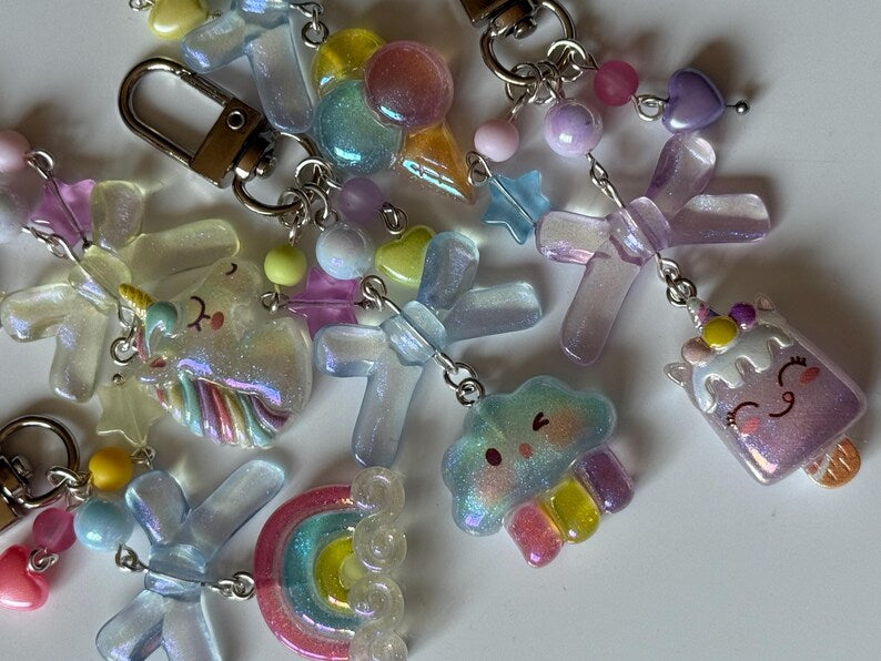 Handmade magical Kawaii keychains, macaron beads, shimmering keychains
