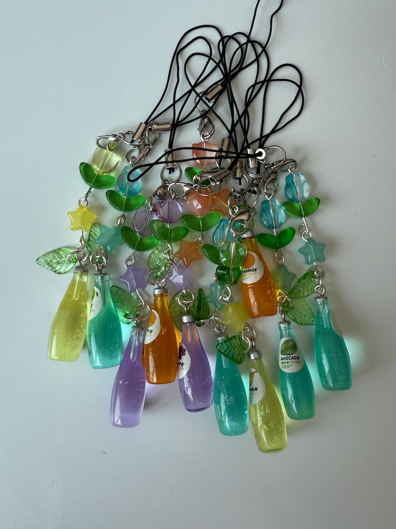 Handmade Kawaii Soda Bottle Phone Charm: Beaded Phone Strap, juice, grape, pear