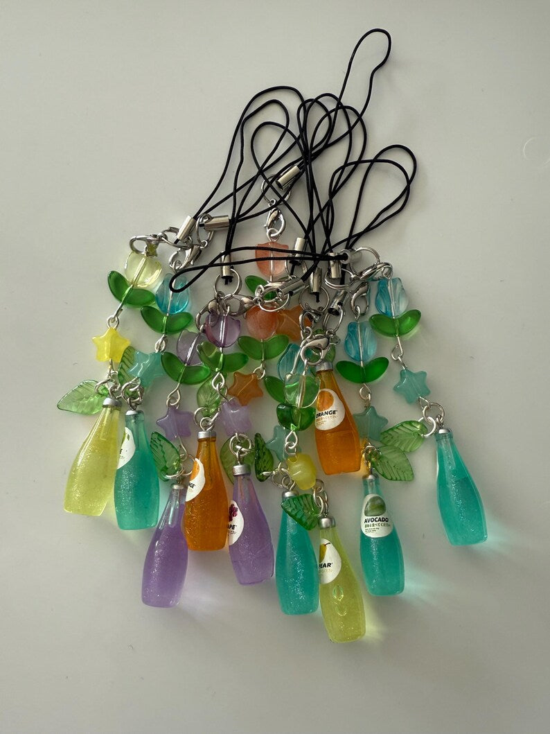 Handmade Kawaii Soda Bottle Phone Charm: Beaded Phone Strap, juice, grape, pear