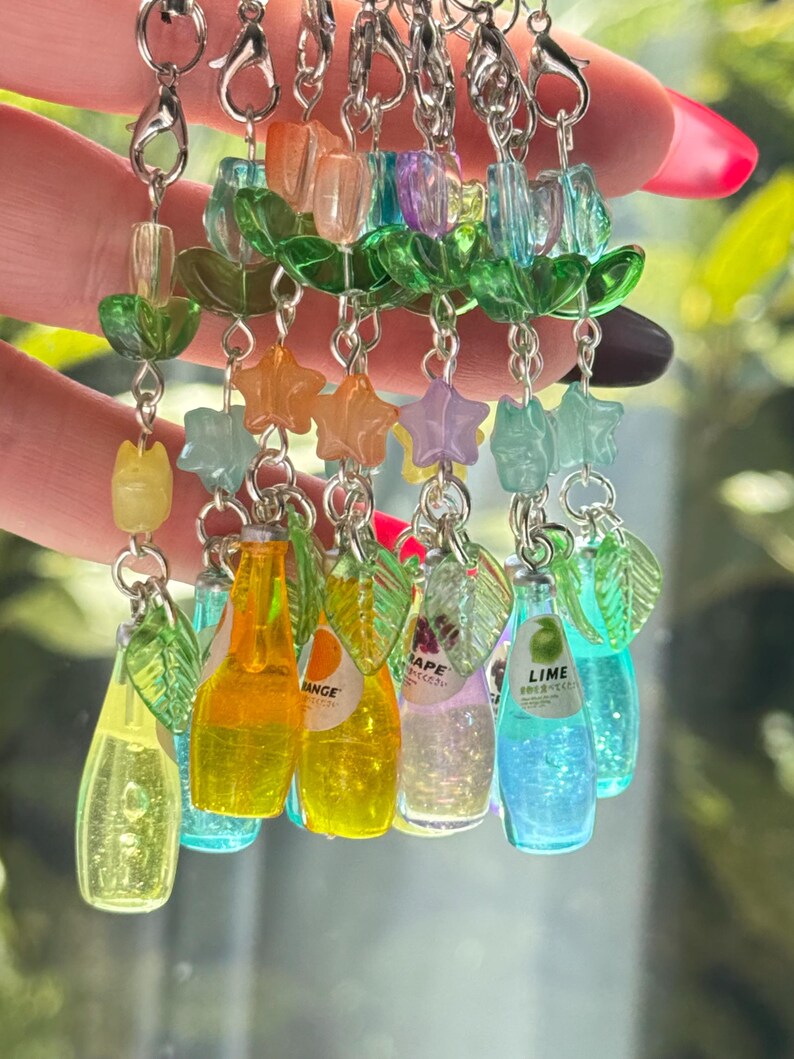 Handmade Kawaii Soda Bottle Phone Charm: Beaded Phone Strap, juice, grape, pear