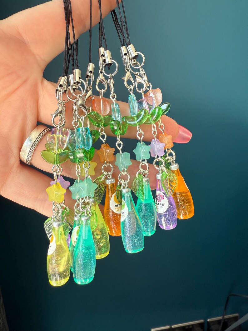 Handmade Kawaii Soda Bottle Phone Charm: Beaded Phone Strap, juice, grape, pear