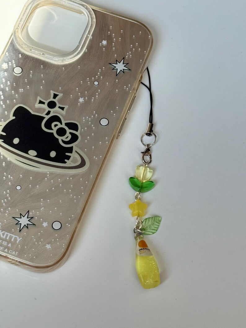 Handmade Kawaii Soda Bottle Phone Charm: Beaded Phone Strap, juice, grape, pear
