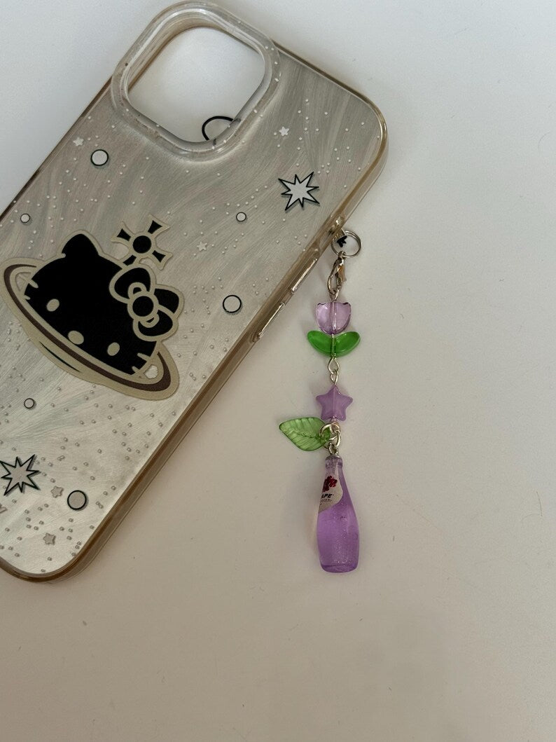 Handmade Kawaii Soda Bottle Phone Charm: Beaded Phone Strap, juice, grape, pear