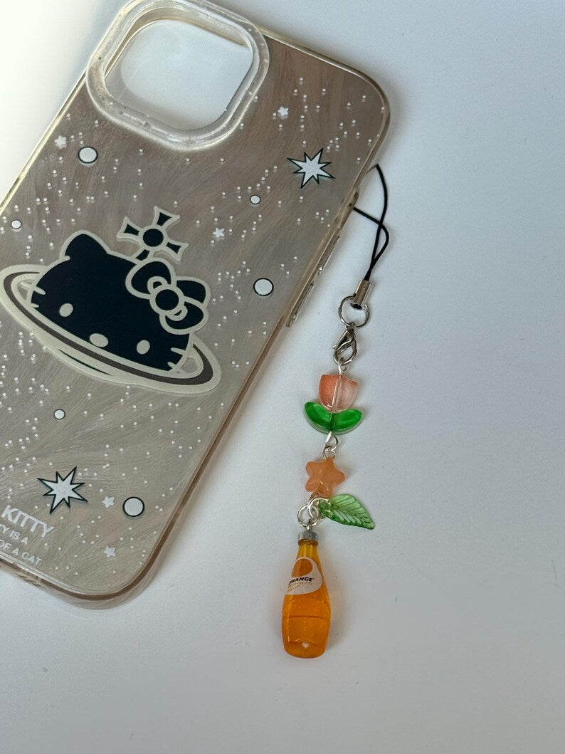 Handmade Kawaii Soda Bottle Phone Charm: Beaded Phone Strap, juice, grape, pear