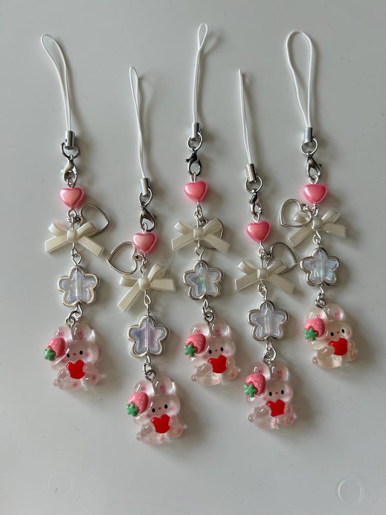 Kawaii Strawberry Bunny Phone Charm: Handmade Cutecore Accessory