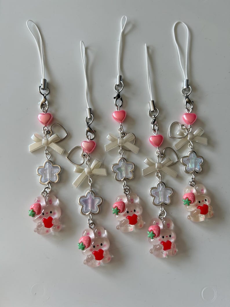 Kawaii Strawberry Bunny Phone Charm: Handmade Cutecore Accessory