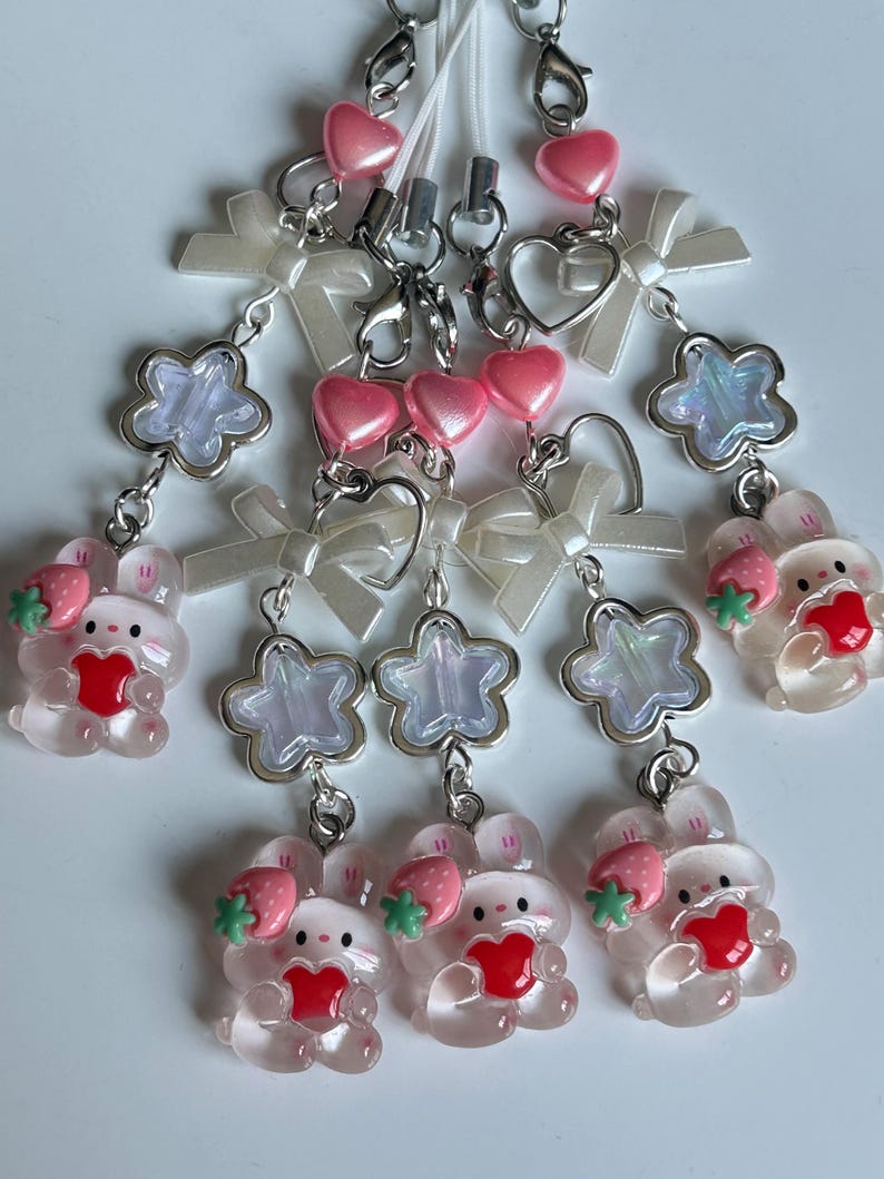 Kawaii Strawberry Bunny Phone Charm: Handmade Cutecore Accessory