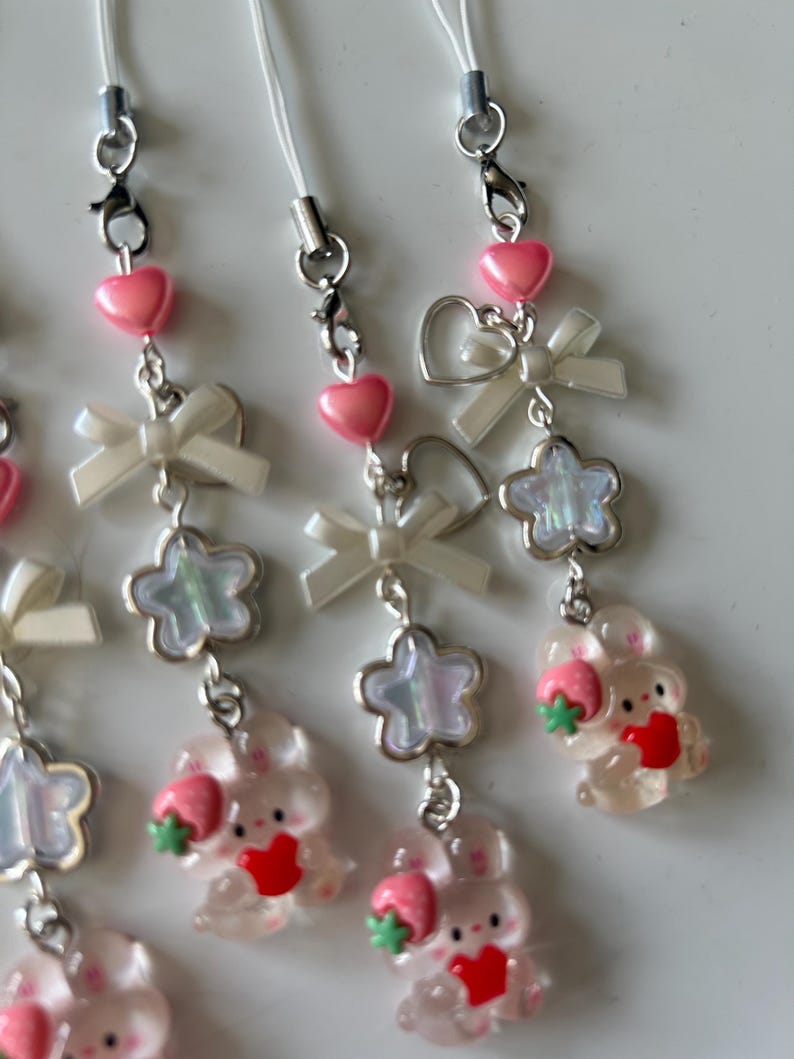 Kawaii Strawberry Bunny Phone Charm: Handmade Cutecore Accessory