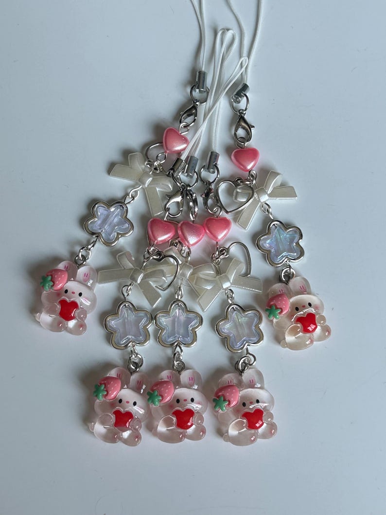 Kawaii Strawberry Bunny Phone Charm: Handmade Cutecore Accessory