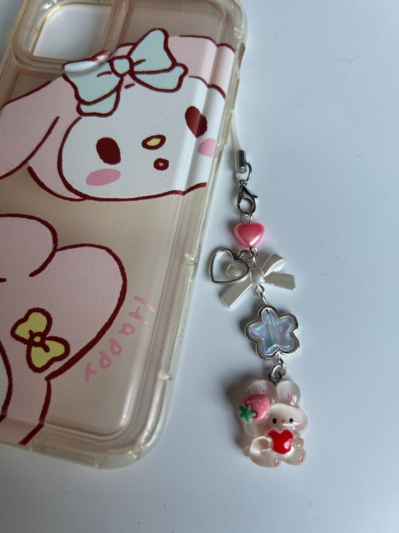 Kawaii Strawberry Bunny Phone Charm: Handmade Cutecore Accessory