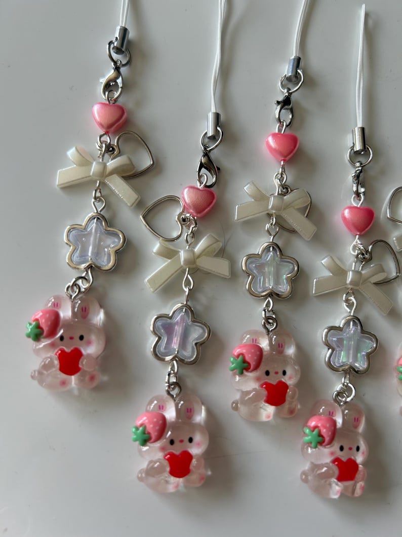 Kawaii Strawberry Bunny Phone Charm: Handmade Cutecore Accessory