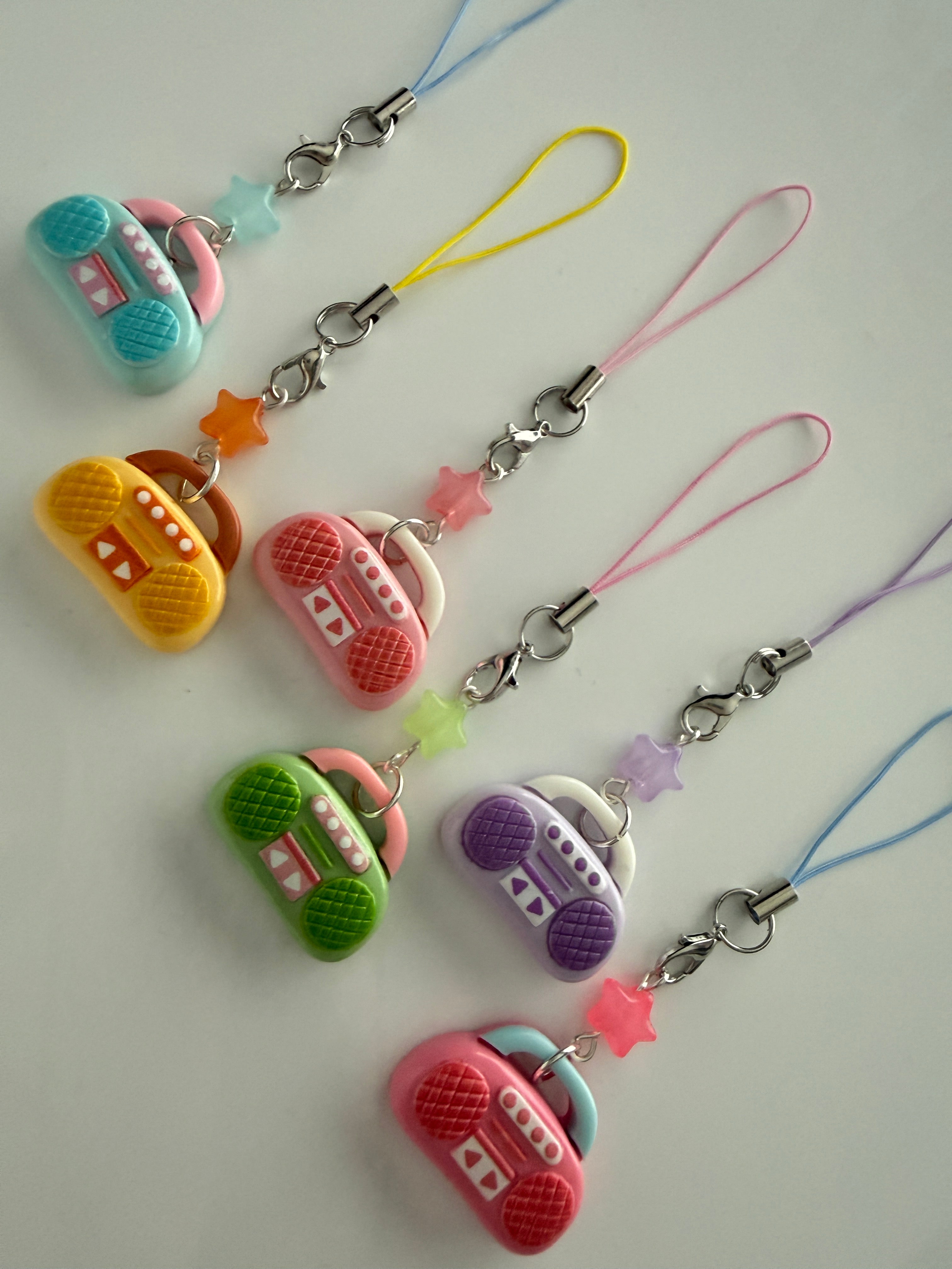 Handmade Kawaii Boombox Phone Charm, Y2K Retro Music charm, Pastel Tech Accessory