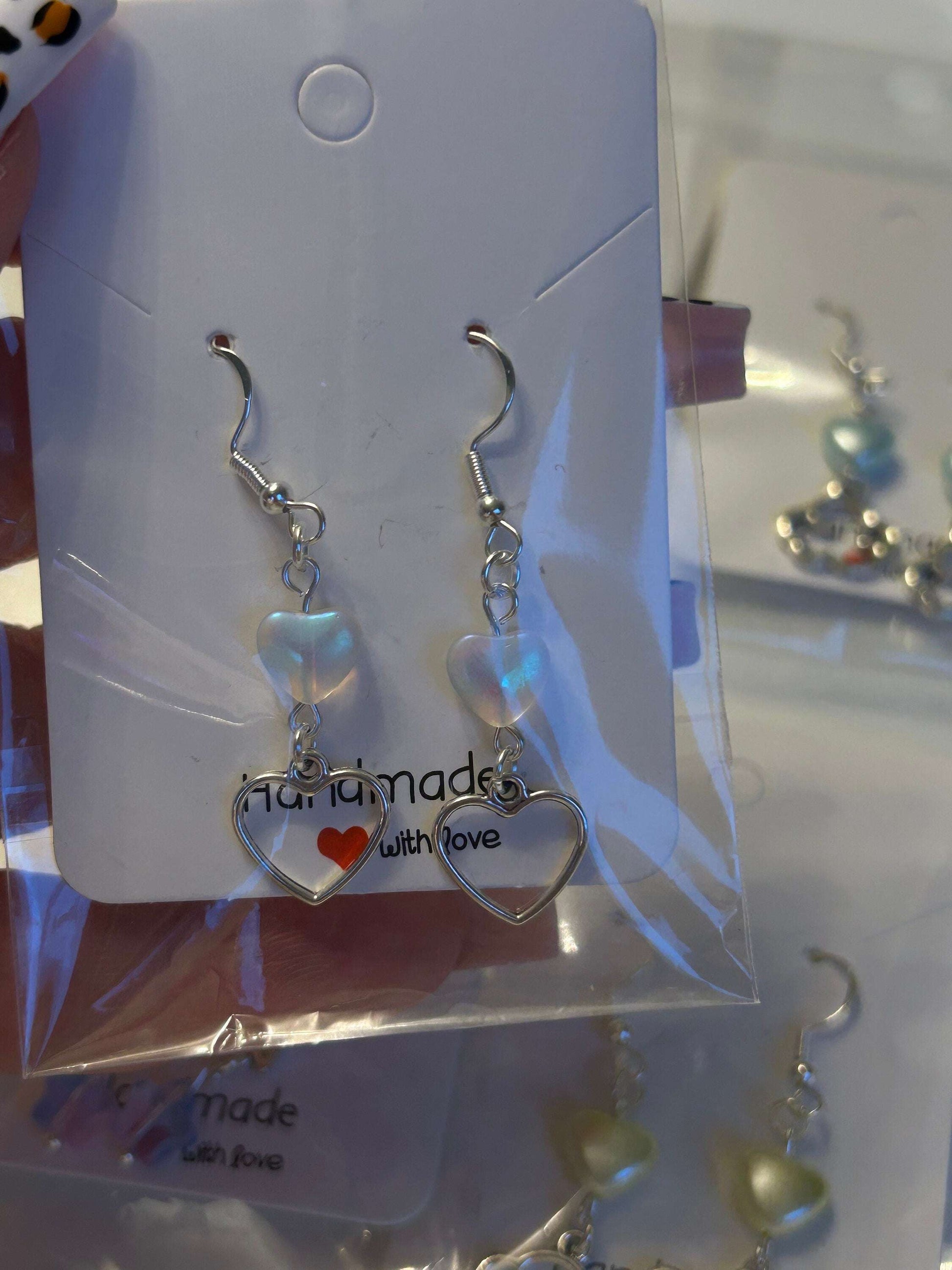 Handmade Cute Coquette Sterling Silver Clouds and Stars Earrings Double Hearts