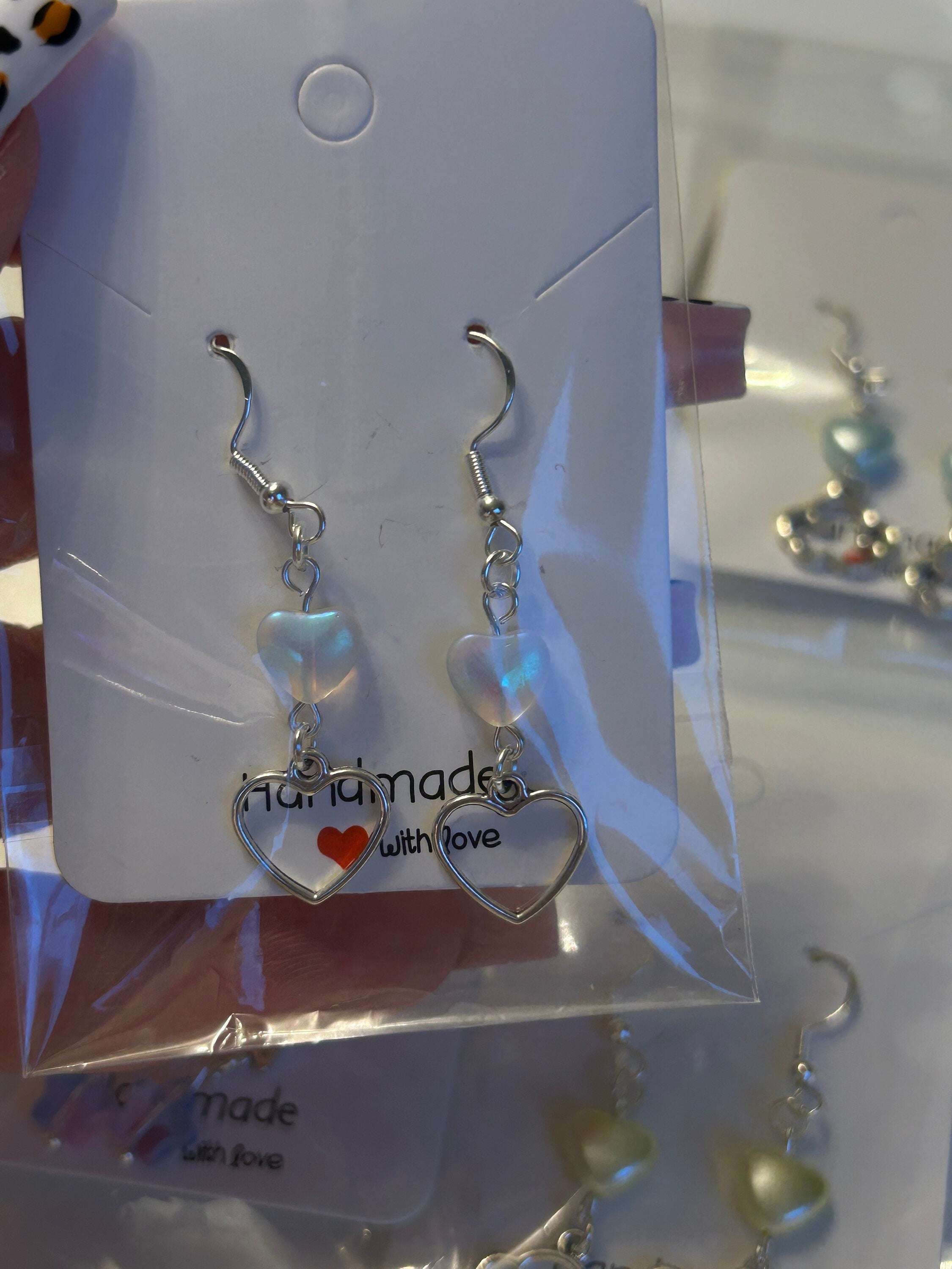 Handmade Cute Coquette Sterling Silver Clouds and Stars Earrings Double Hearts