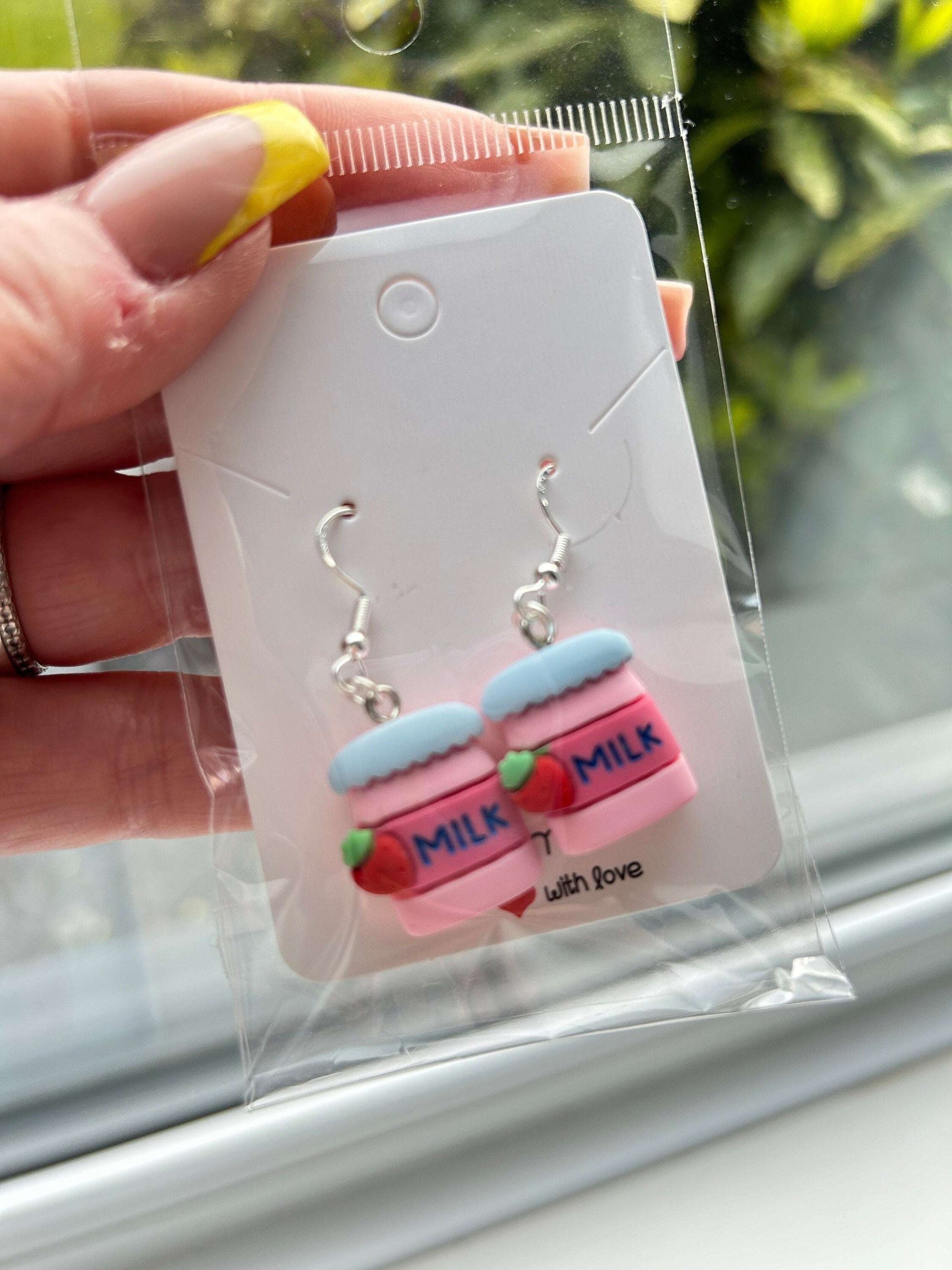 Handmade Cute Kawaii Food and Drink Sterling Silver Earrings Strawberry Milk