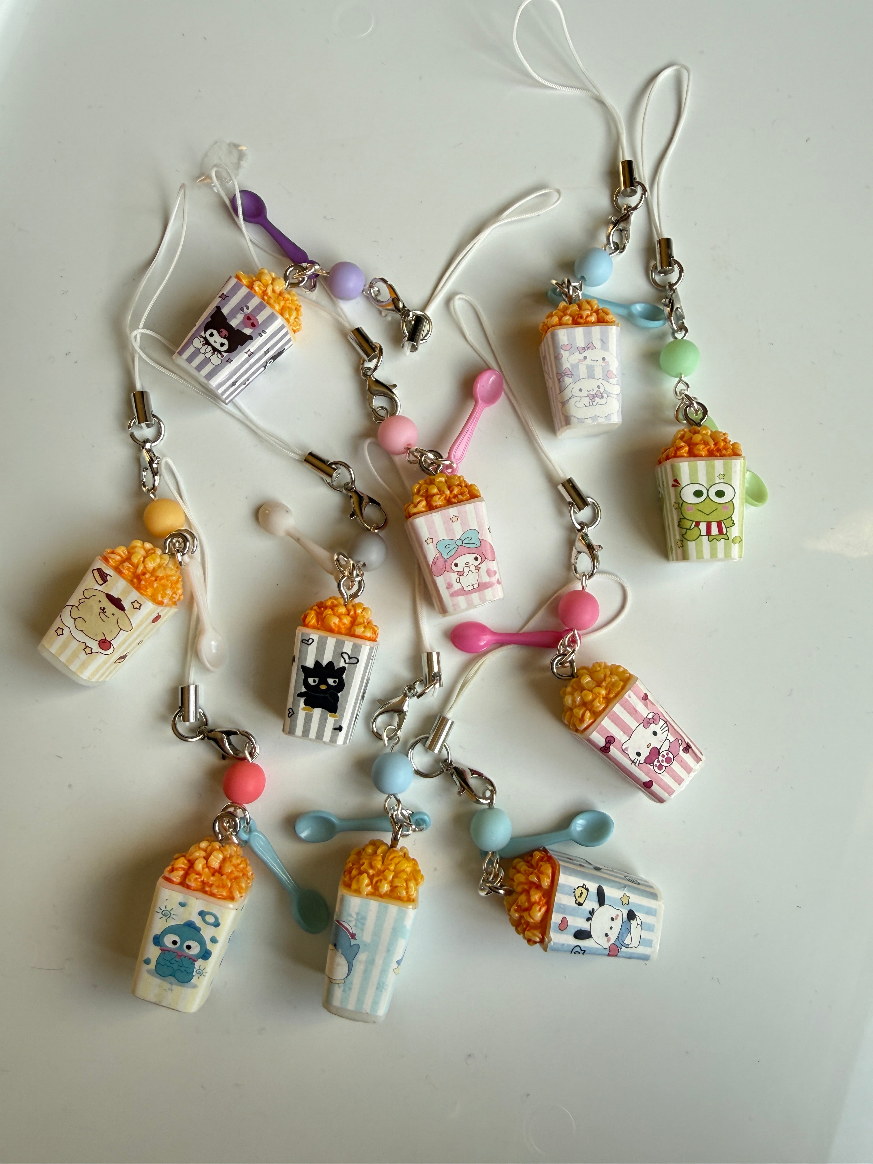 Sanrio Inspired Popcorn Phone Charms – Kuromi, Hello Kitty, Keroppi, Cinnamoroll Kawaii Popcorn Keychains, Cute Anime Bag Charm