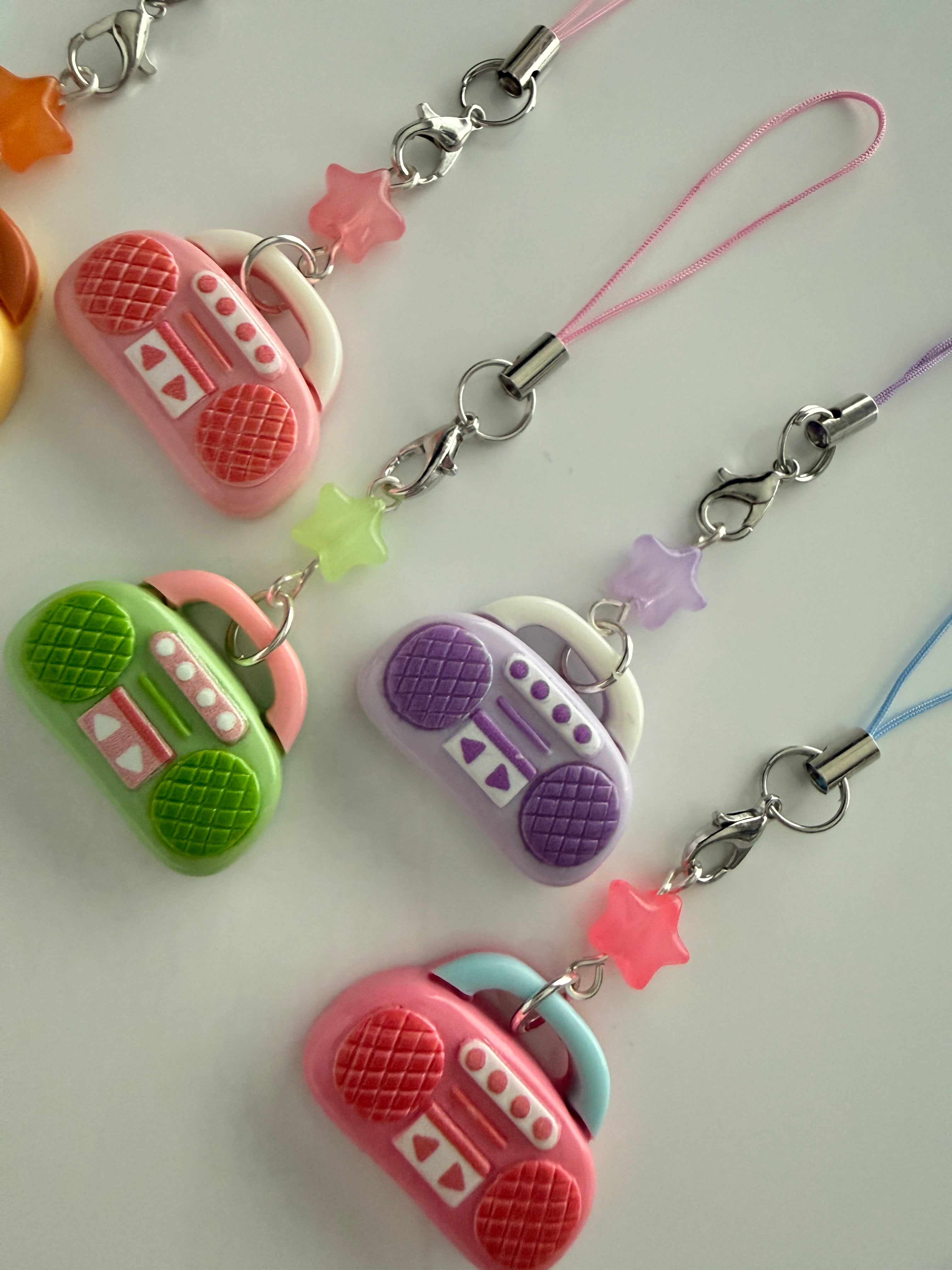 Handmade Kawaii Boombox Phone Charm, Y2K Retro Music charm, Pastel Tech Accessory