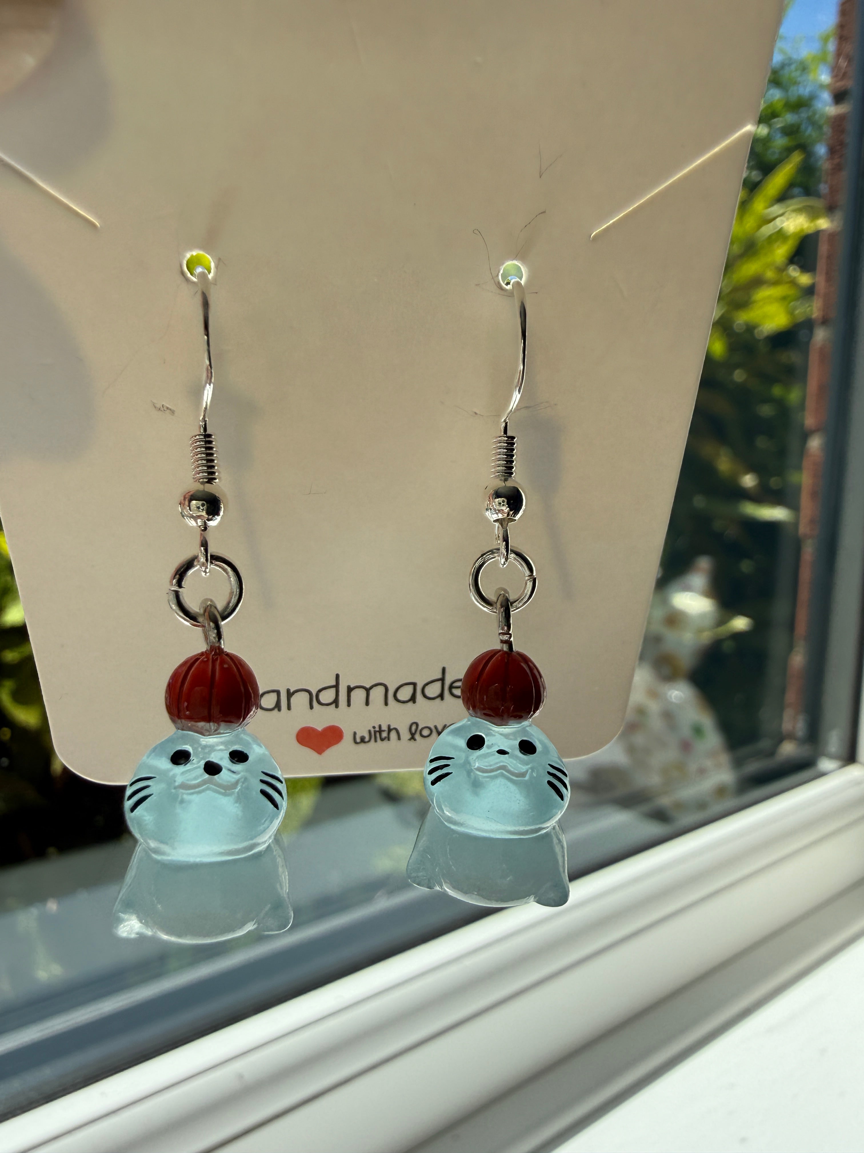 Handmade Cute Silly Seal Sterling Silver Earrings - glow in the dark