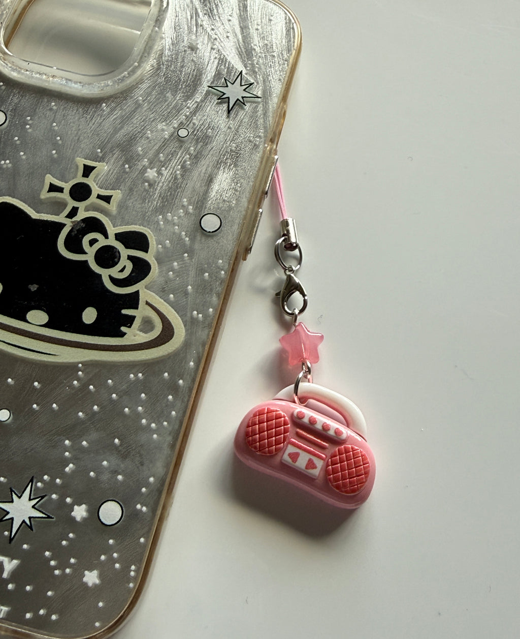 Handmade Kawaii Boombox Phone Charm, Y2K Retro Music charm, Pastel Tech Accessory