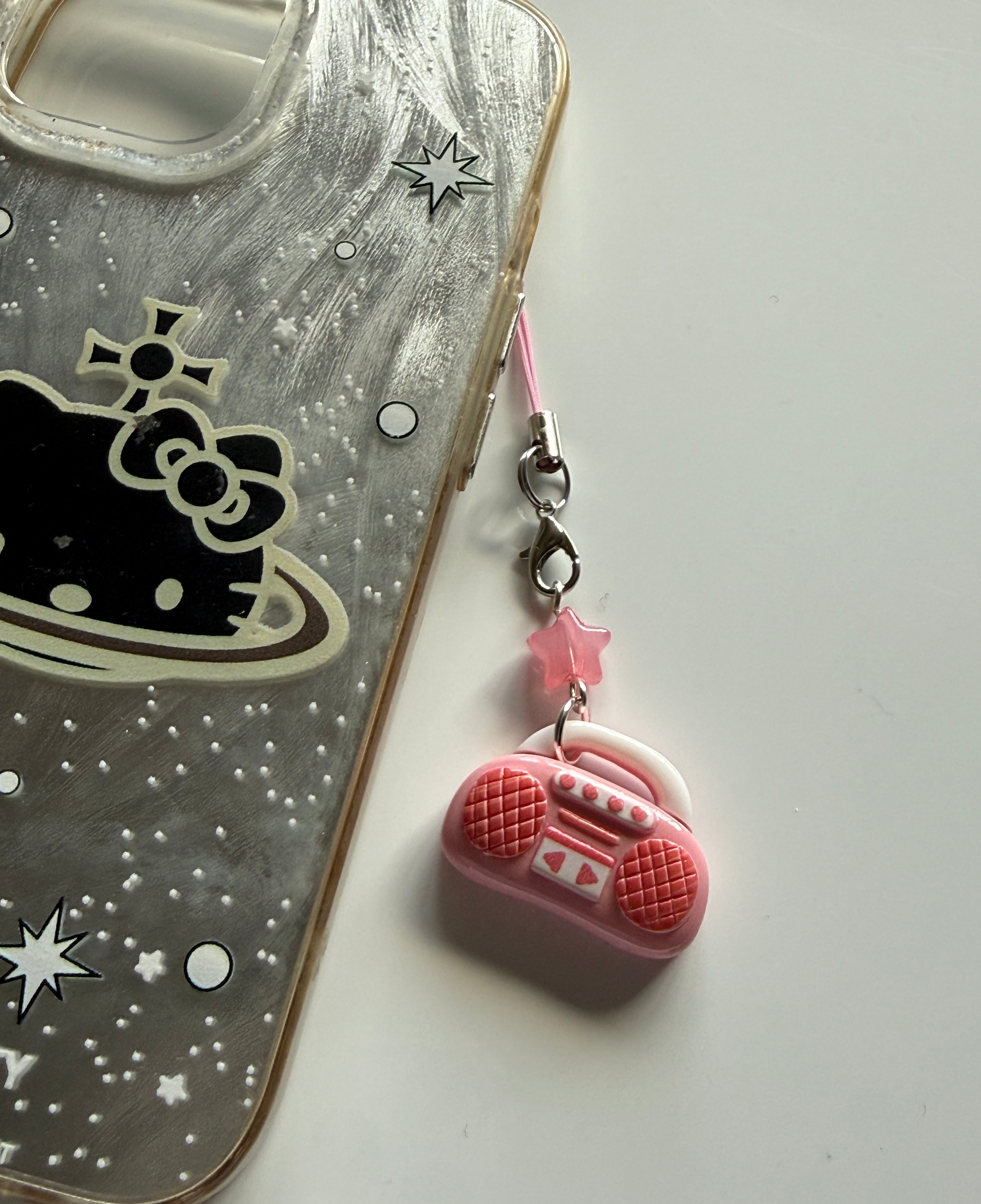 Handmade Kawaii Boombox Phone Charm, Y2K Retro Music charm, Pastel Tech Accessory