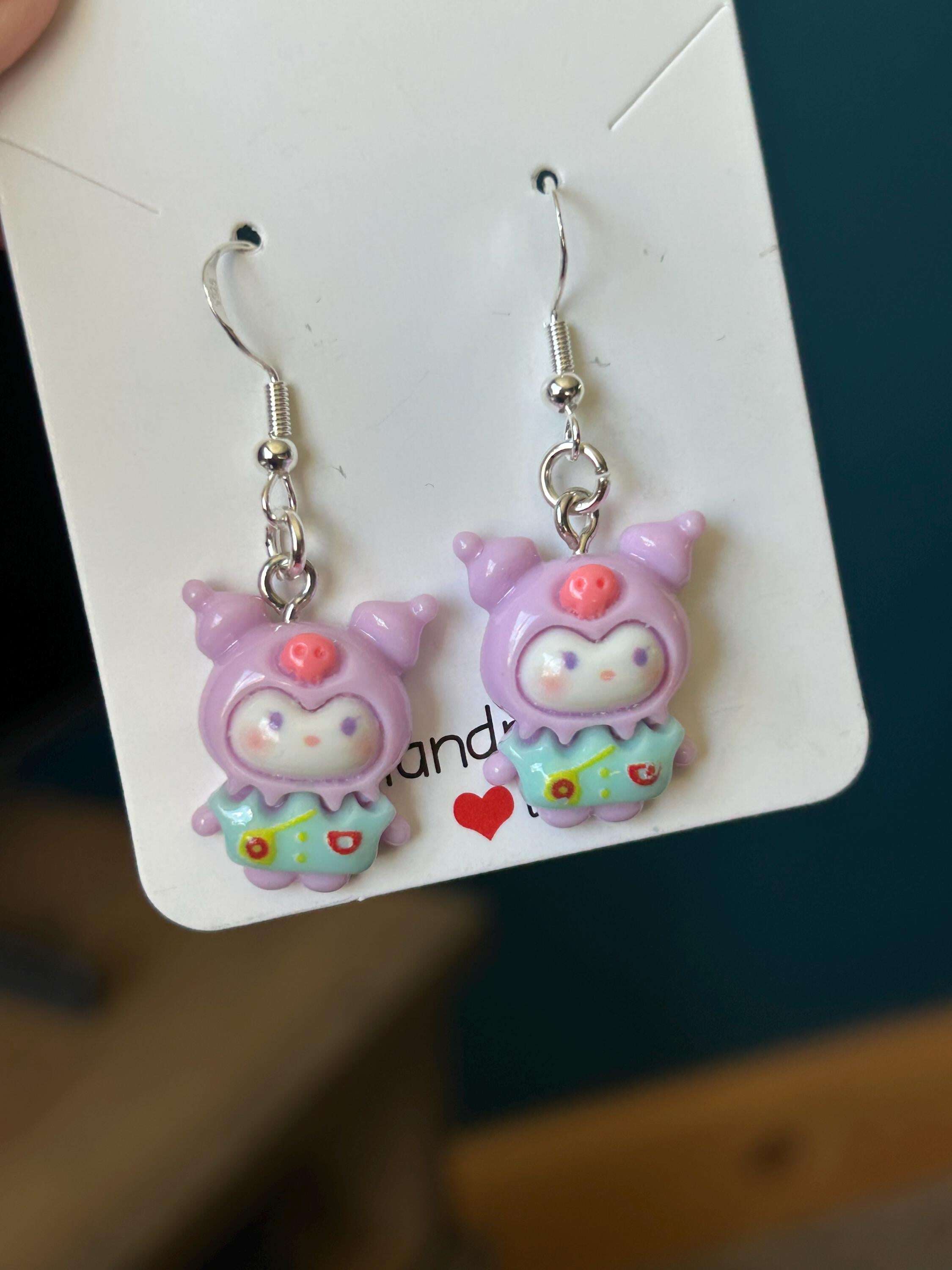 Handmade Cute Sanrio Spring Themed Kuromi Charm Sterling Silver Earrings