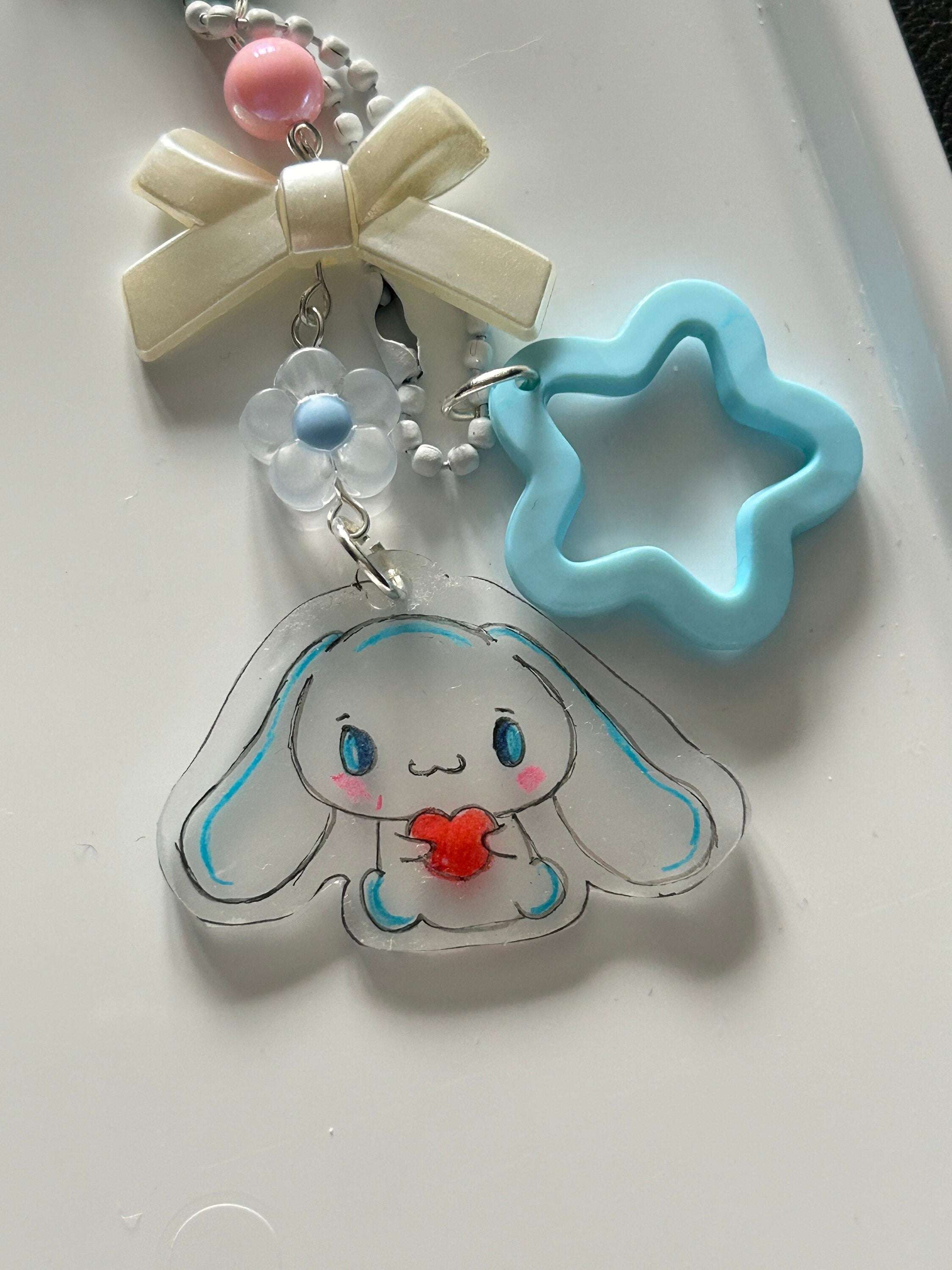 HANDMADE Cute Hand Drawn Shrinky Dink Sanrio Themed Keychains Cinnamoroll