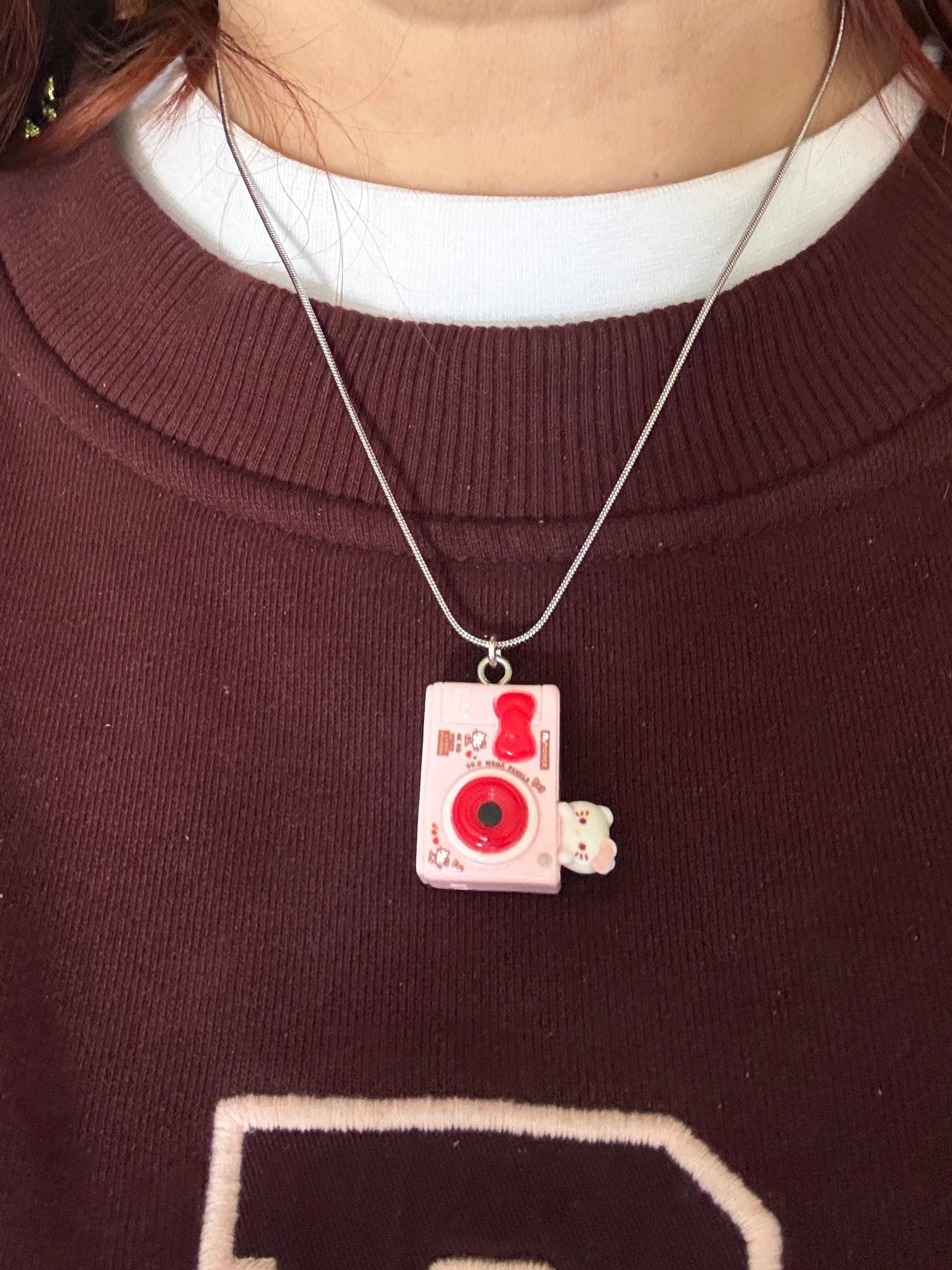 Hello Kitty Inspired Camera Necklace, Stainless Steel Snake Chain 18in | Kawaii Y2K Pendant Necklace