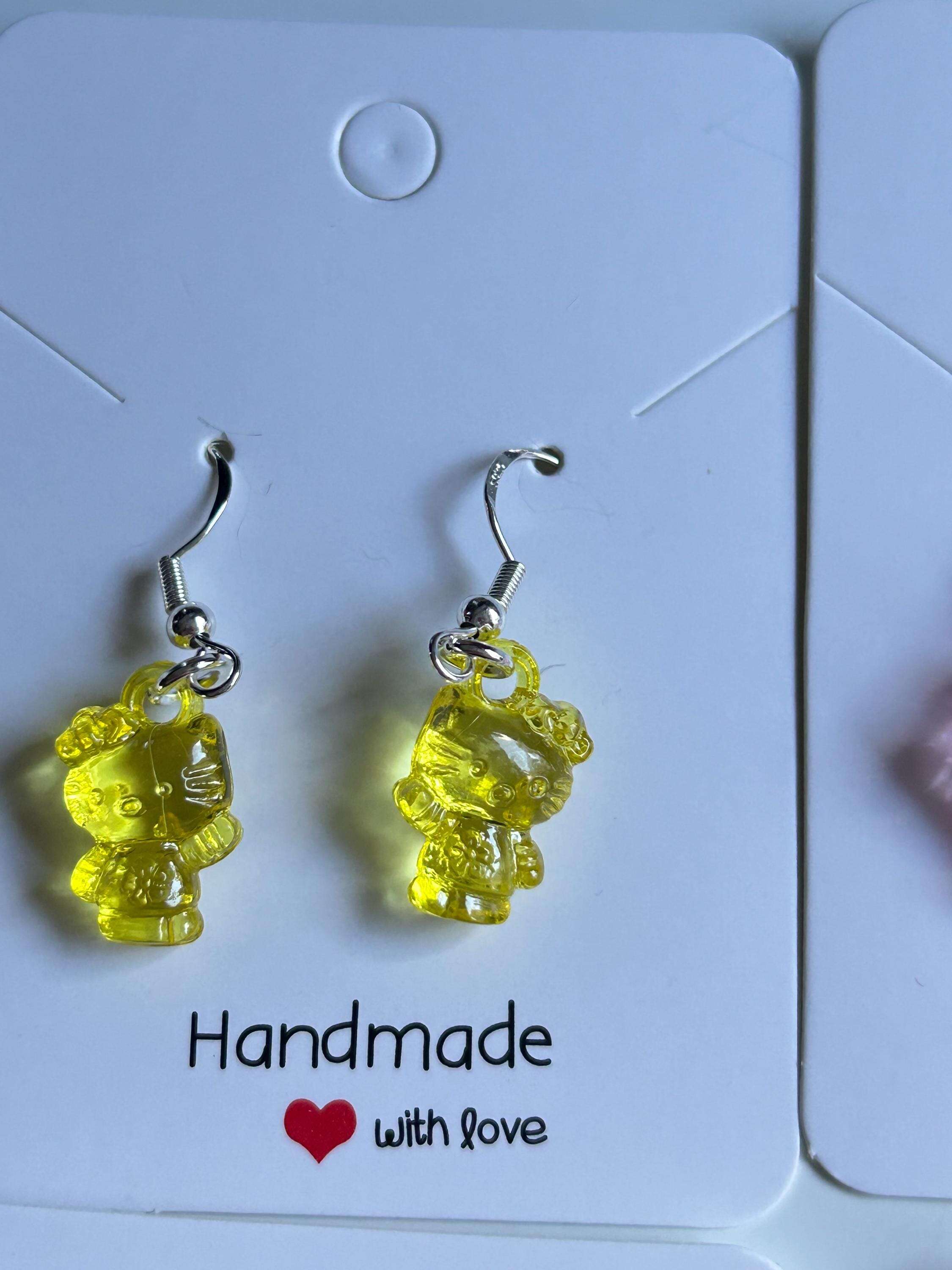 Handmade Cute Hello kitty Themed Sterling Silver Earrings Yellow