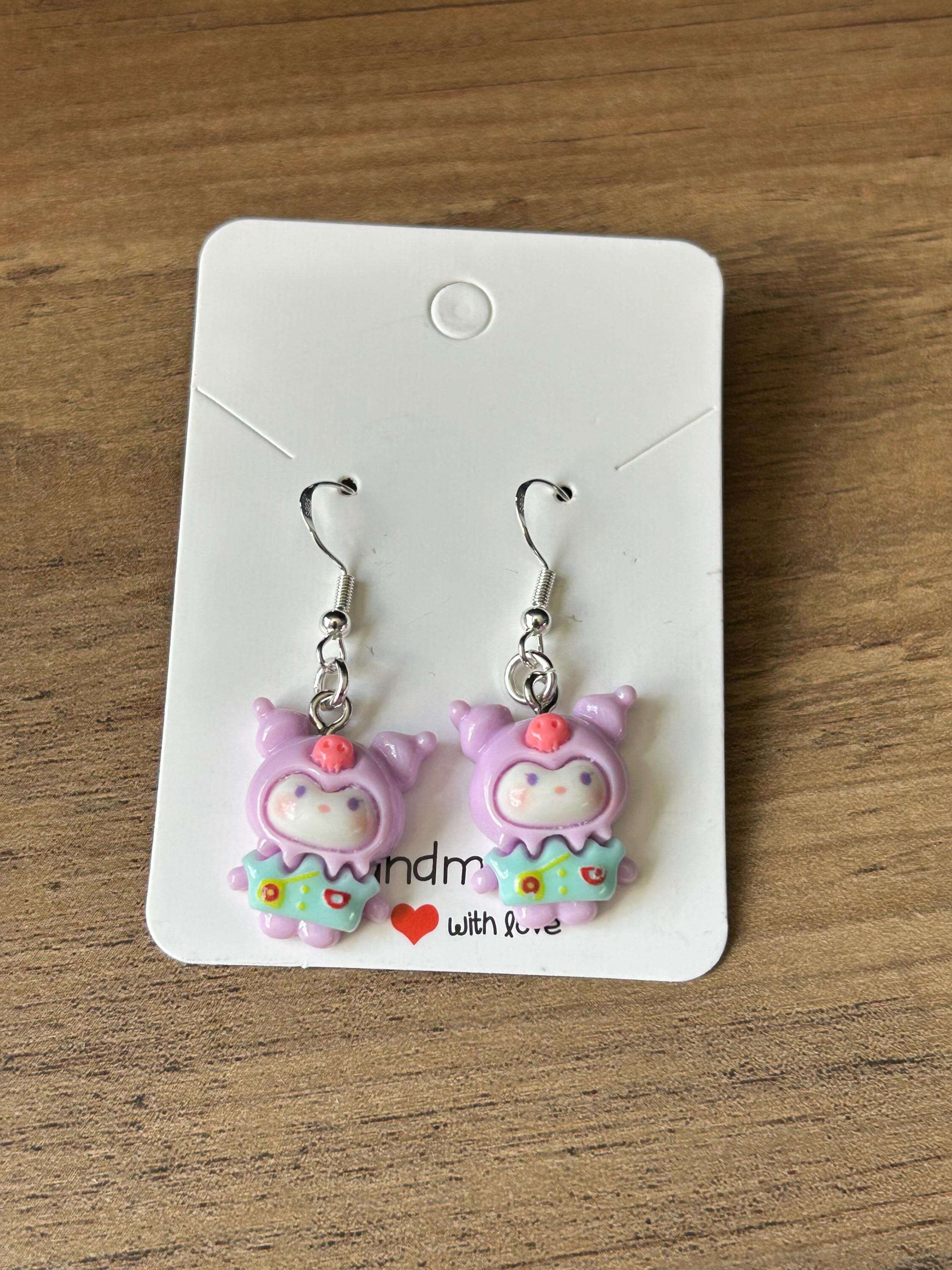 Handmade Cute Sanrio Spring Themed Kuromi Charm Sterling Silver Earrings