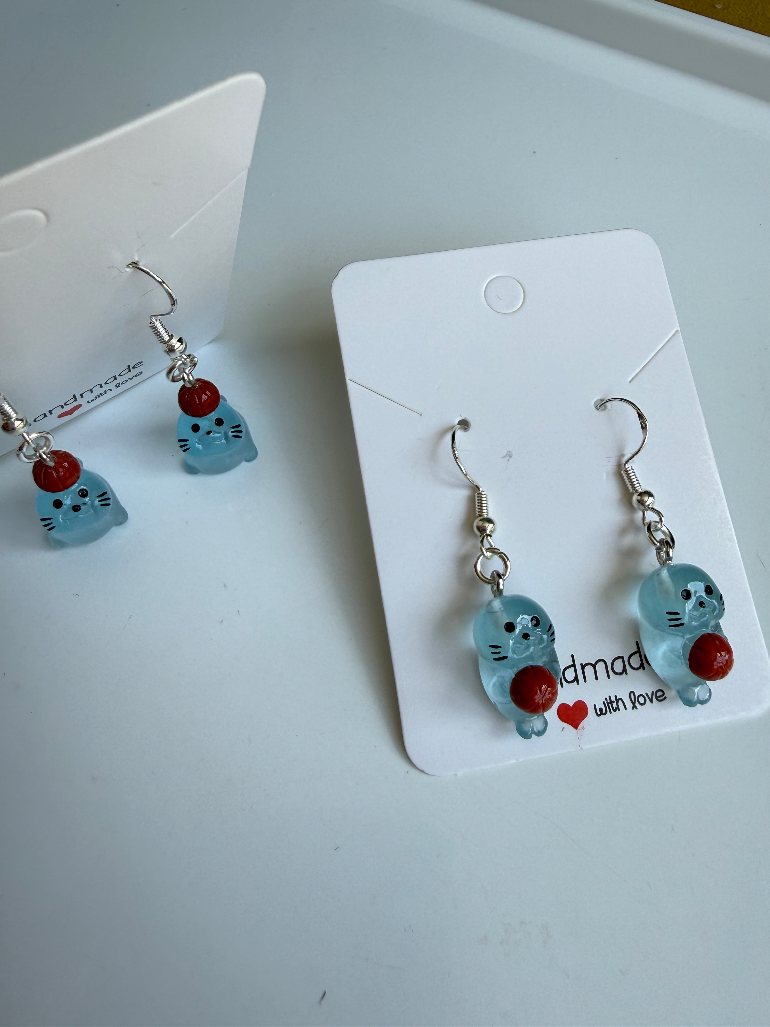 Handmade Cute Silly Seal Sterling Silver Earrings - glow in the dark