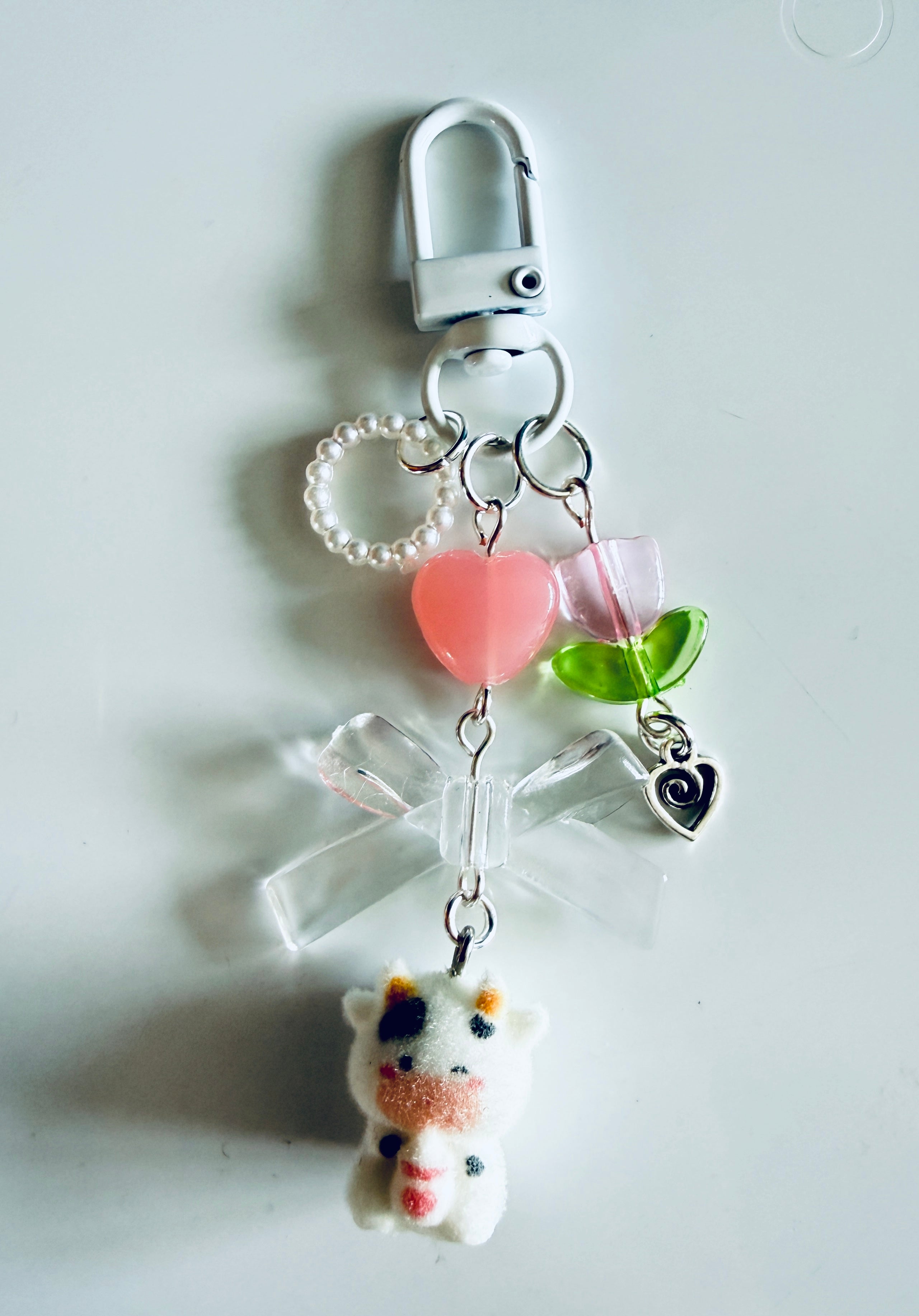 Handmade Fuzzy Cow Bag Charm | Kawaii Cow Keychain | Pastel Coquette Phone Charm | Cute Cottagecore Gift | Farmcore Accessory