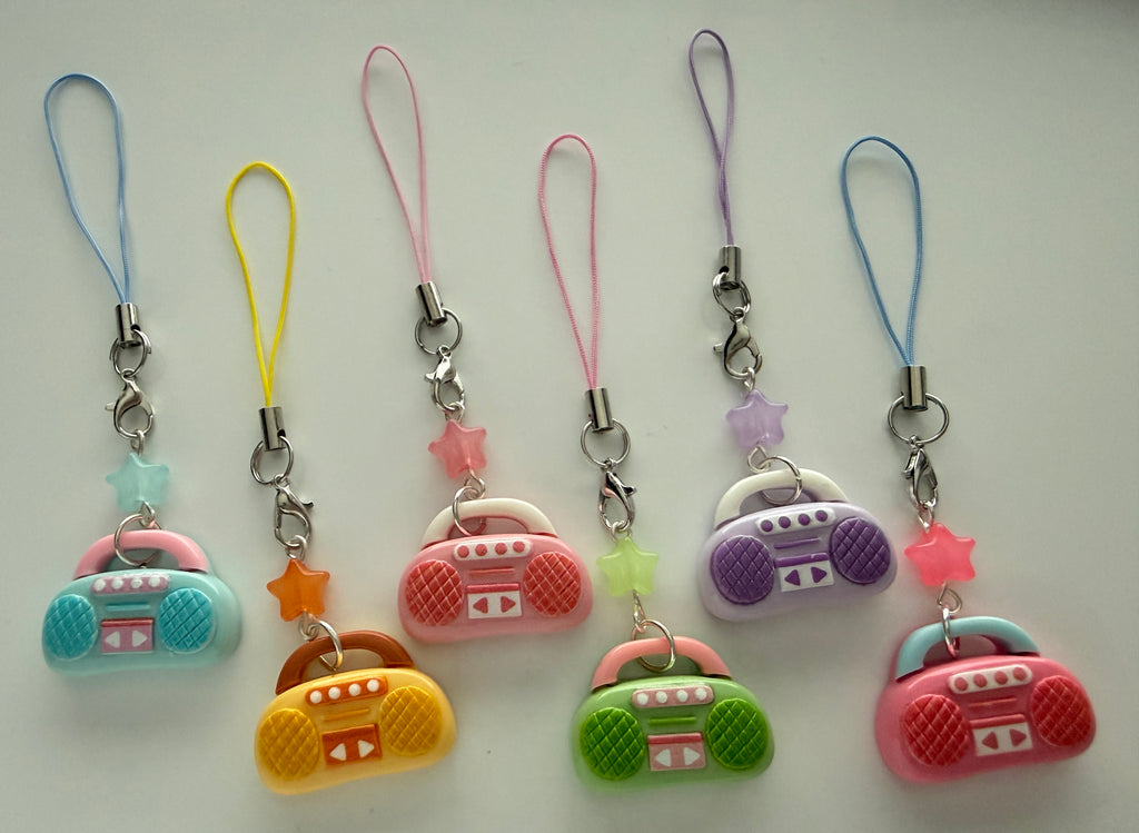 Handmade Kawaii Boombox Phone Charm, Y2K Retro Music charm, Pastel Tech Accessory