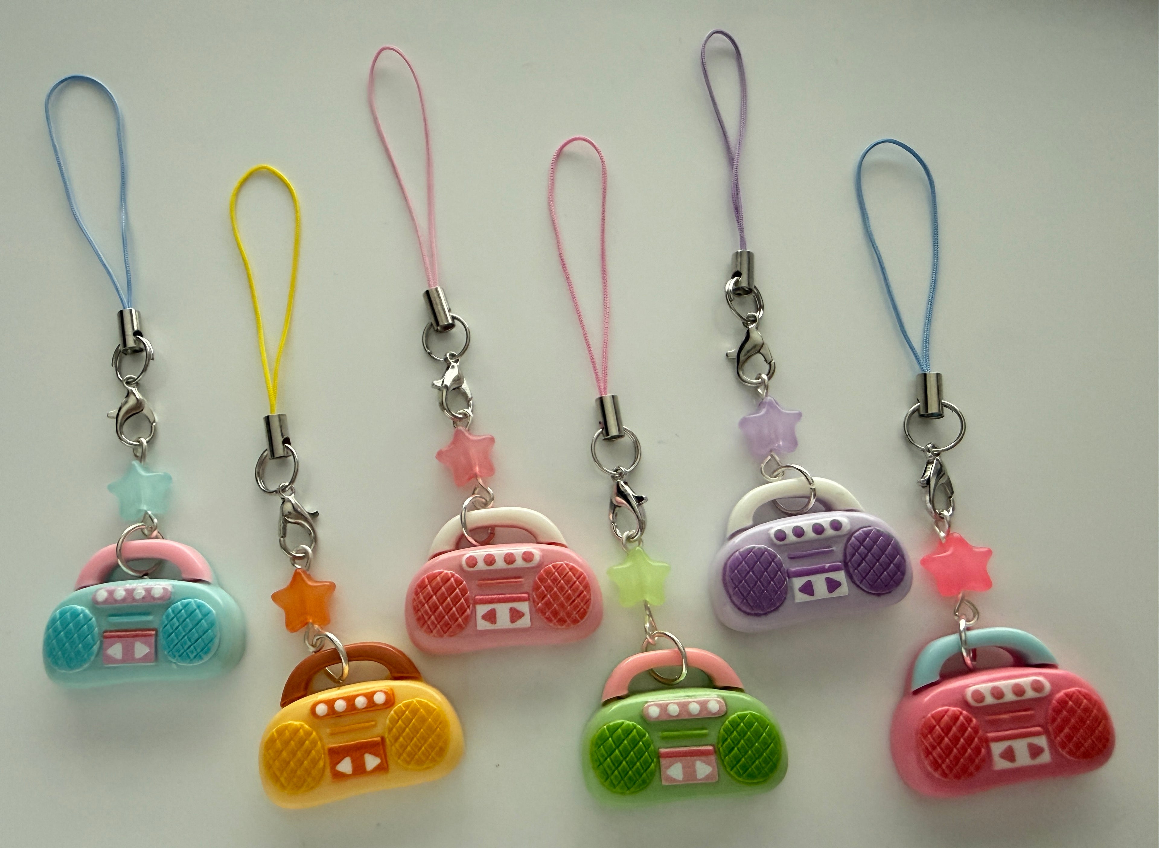 Handmade Kawaii Boombox Phone Charm, Y2K Retro Music charm, Pastel Tech Accessory