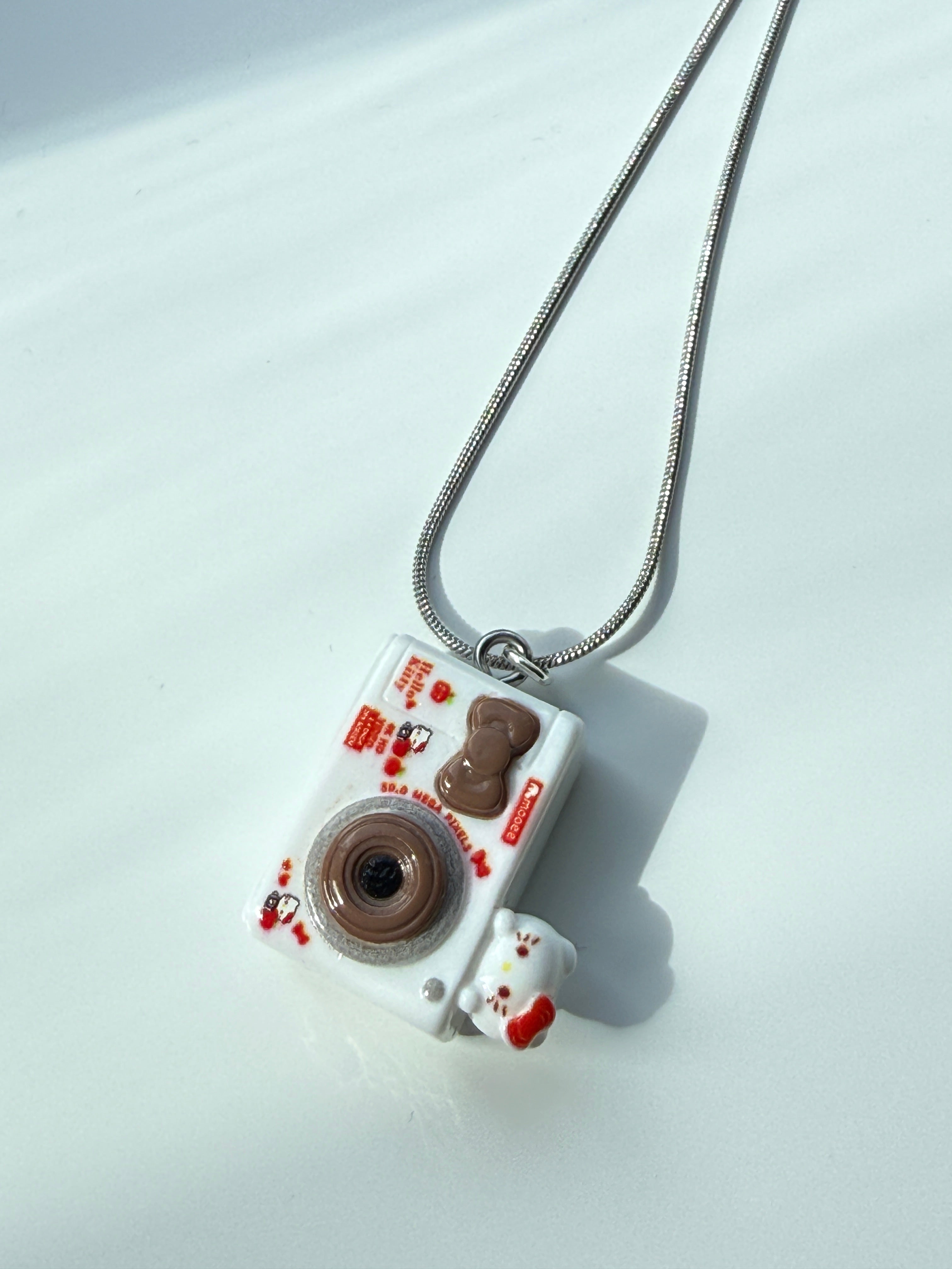 Hello Kitty Inspired Camera Necklace, Stainless Steel Snake Chain 18in | Kawaii Y2K Pendant Necklace