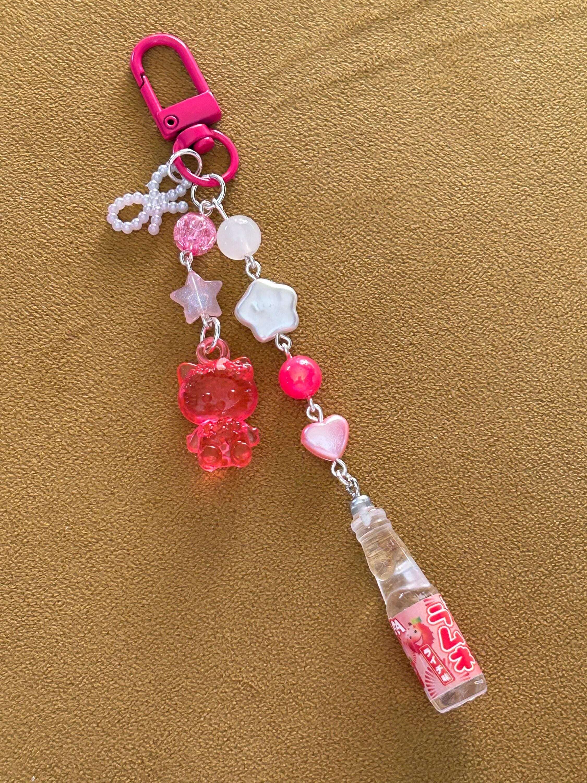 HANDMADE Kawaii Cute Themed Sanrio Ramune Drink Bottle Keychains Dark Pink Hello Kitt