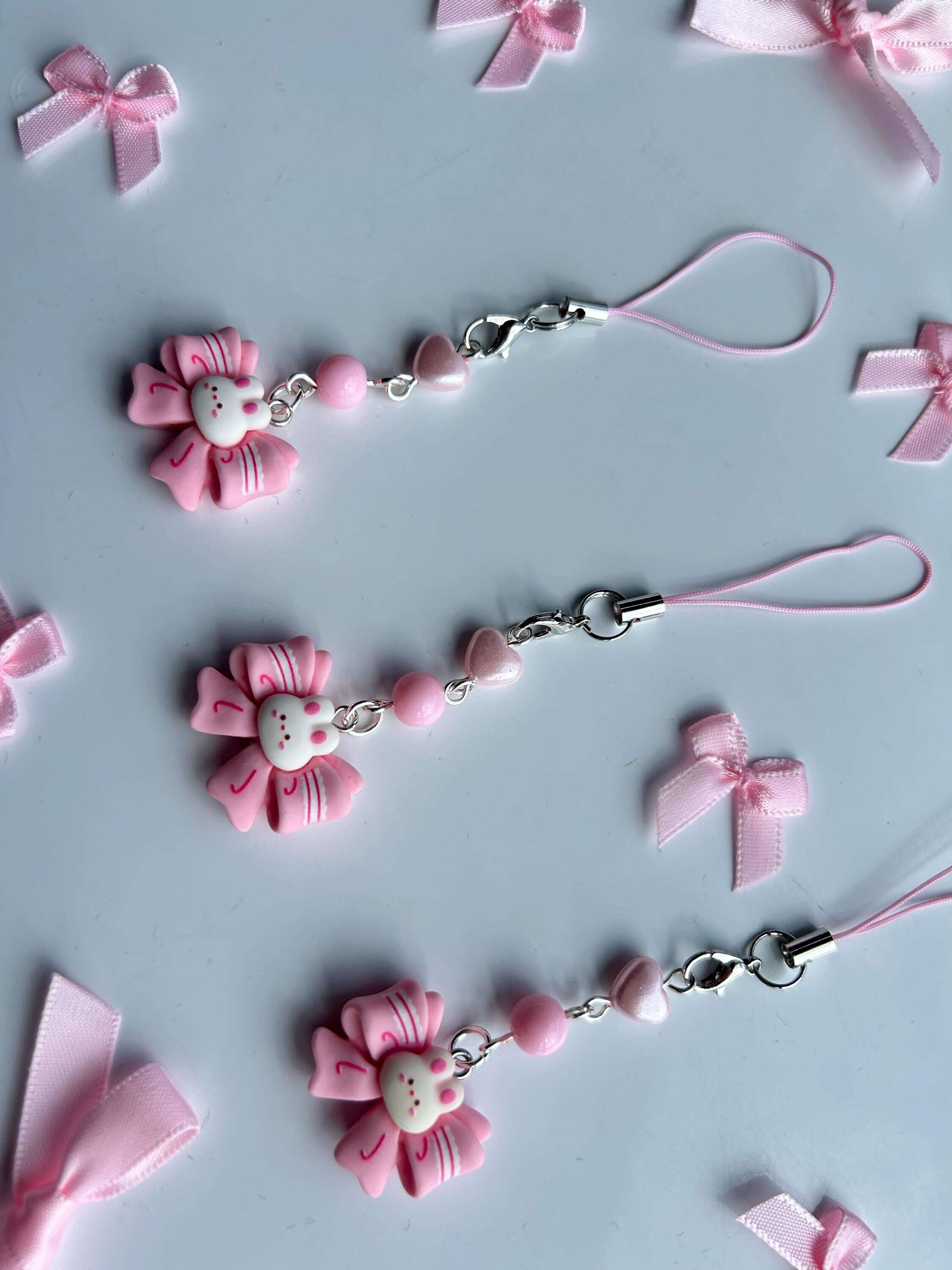 HANDMADE Cute Kawaii Pink Bow Bunny Phone Charms