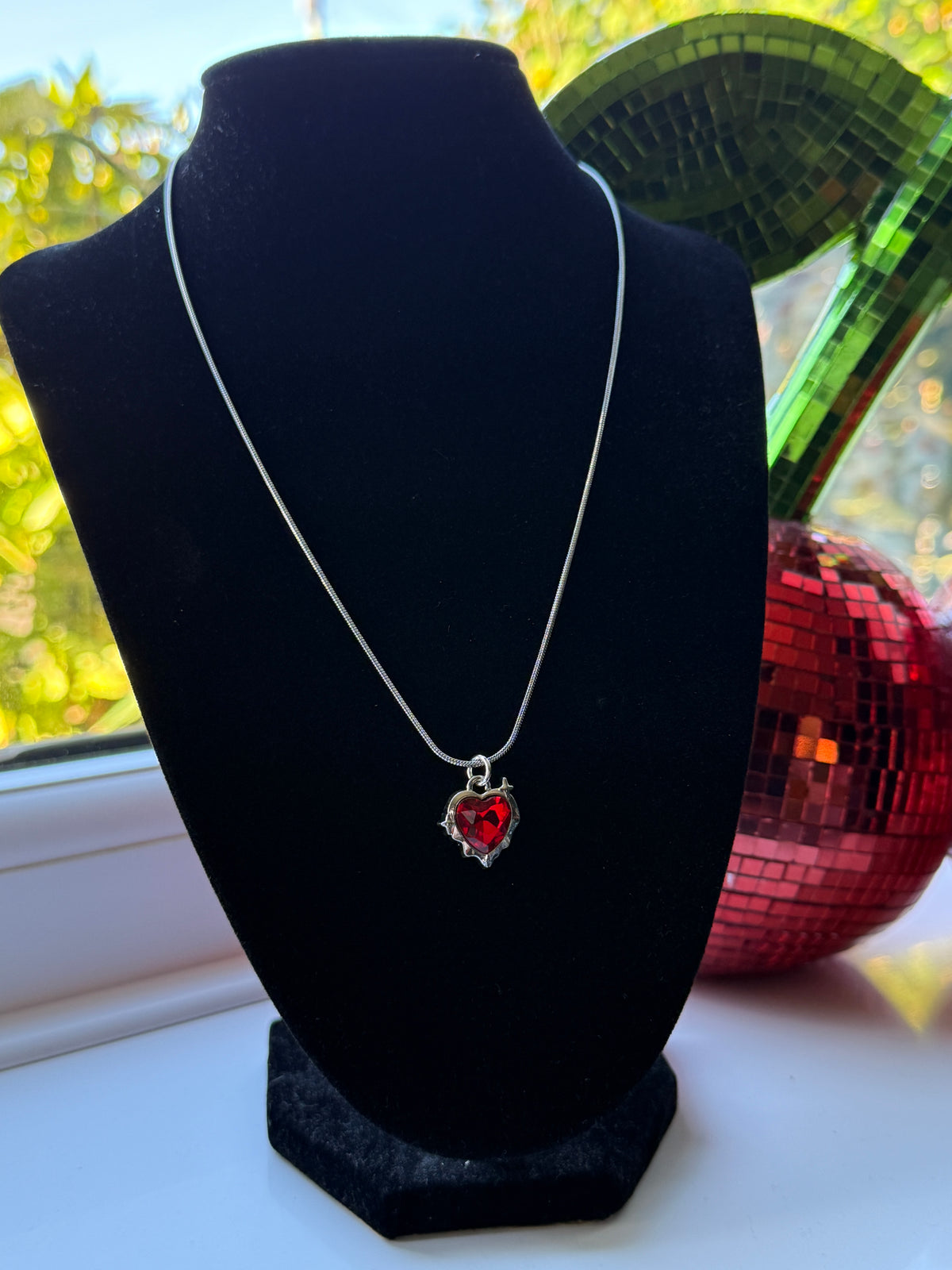 Red Crystal Heart Necklace – Stainless Steel Snake Chain