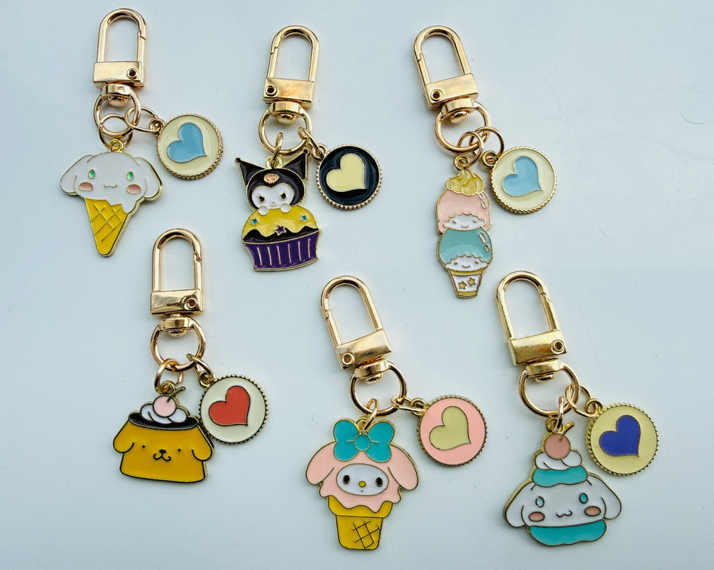 Handmade Kawaii Sanrio themed keyring, gold coloured enamel Keyring