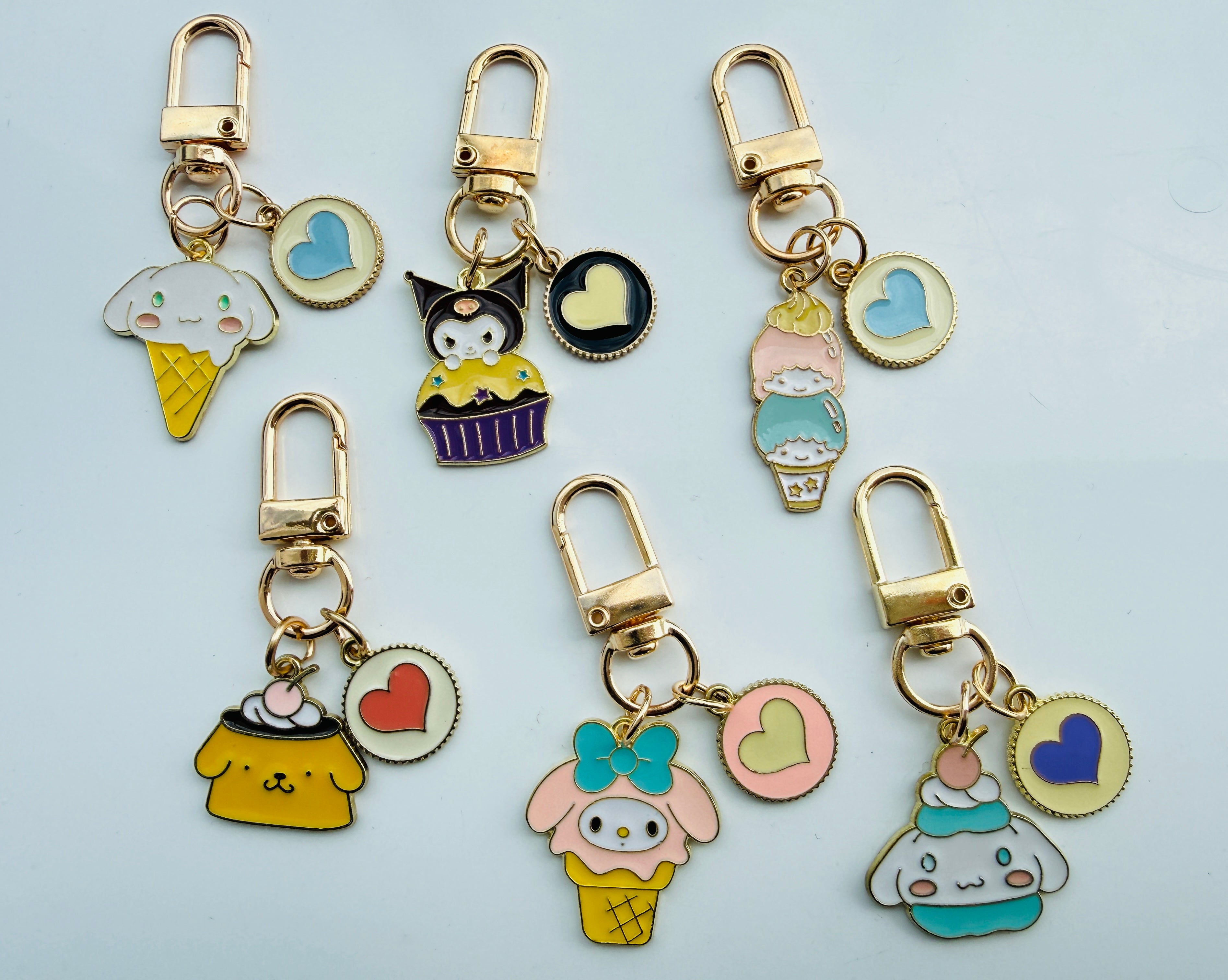 Handmade Kawaii Sanrio themed keyring, gold coloured enamel Keyring