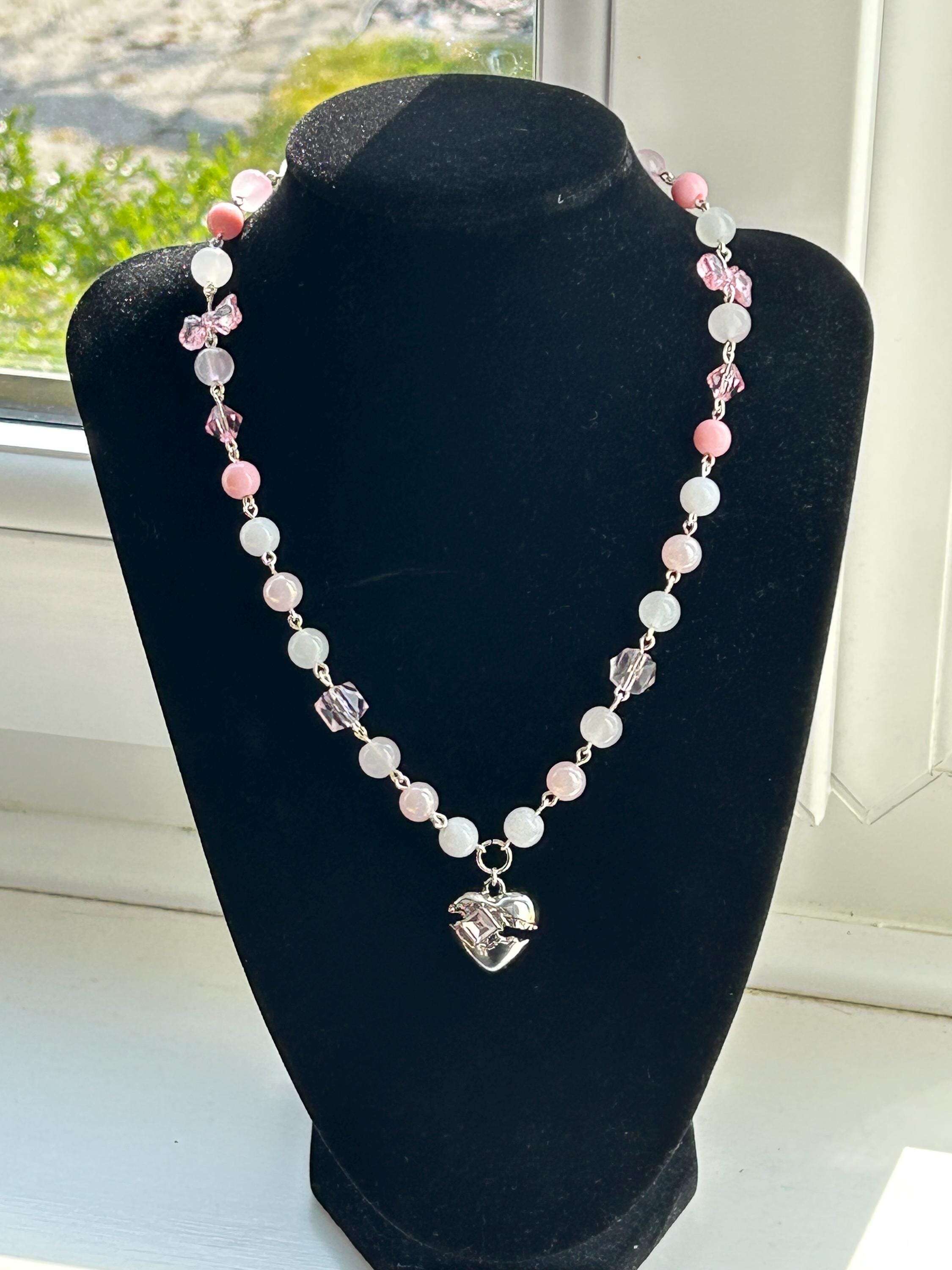 Handmade Pink Hearts and Bows Necklace 16”