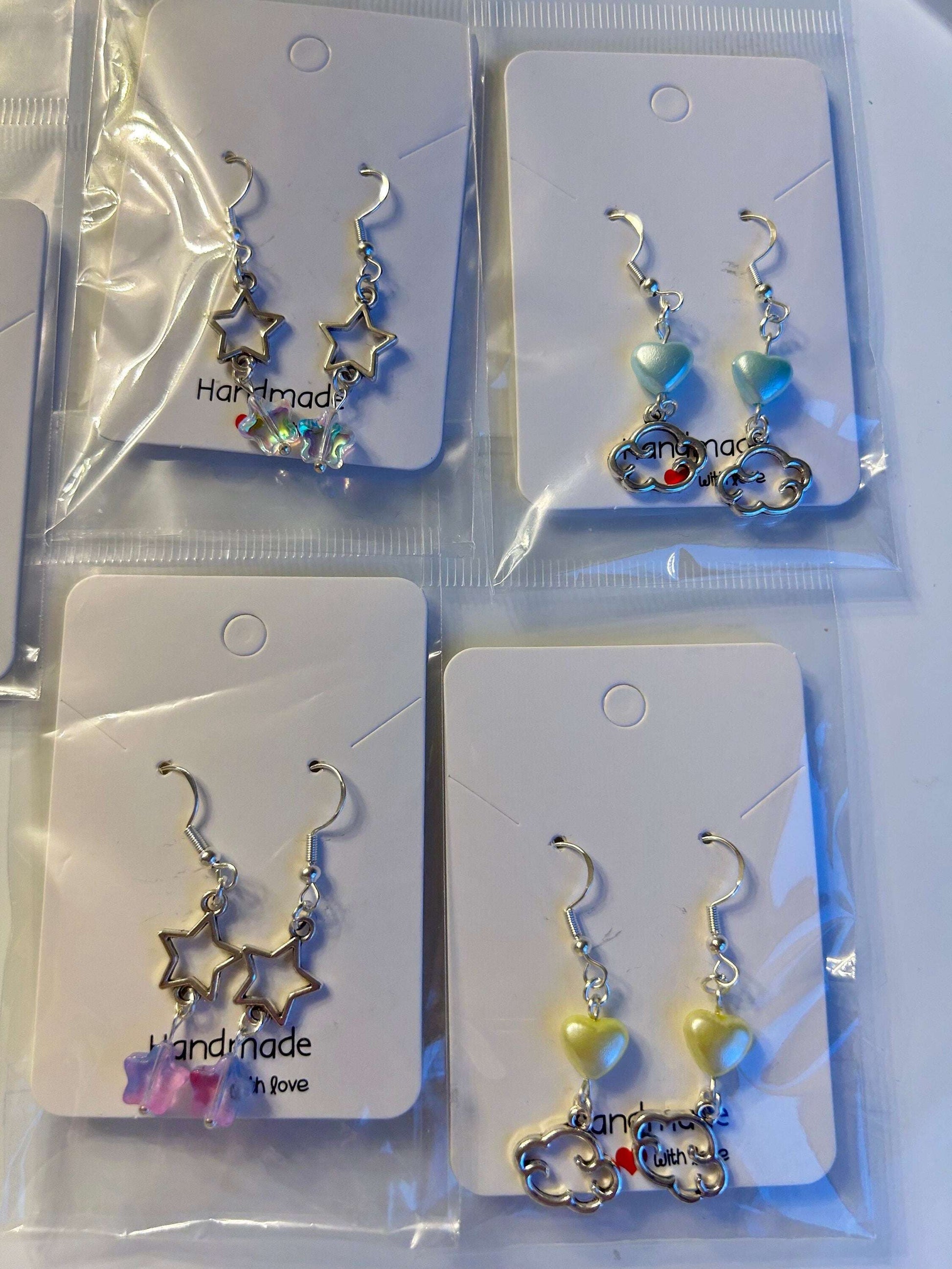 Handmade Cute Coquette Sterling Silver Clouds and Stars Earrings