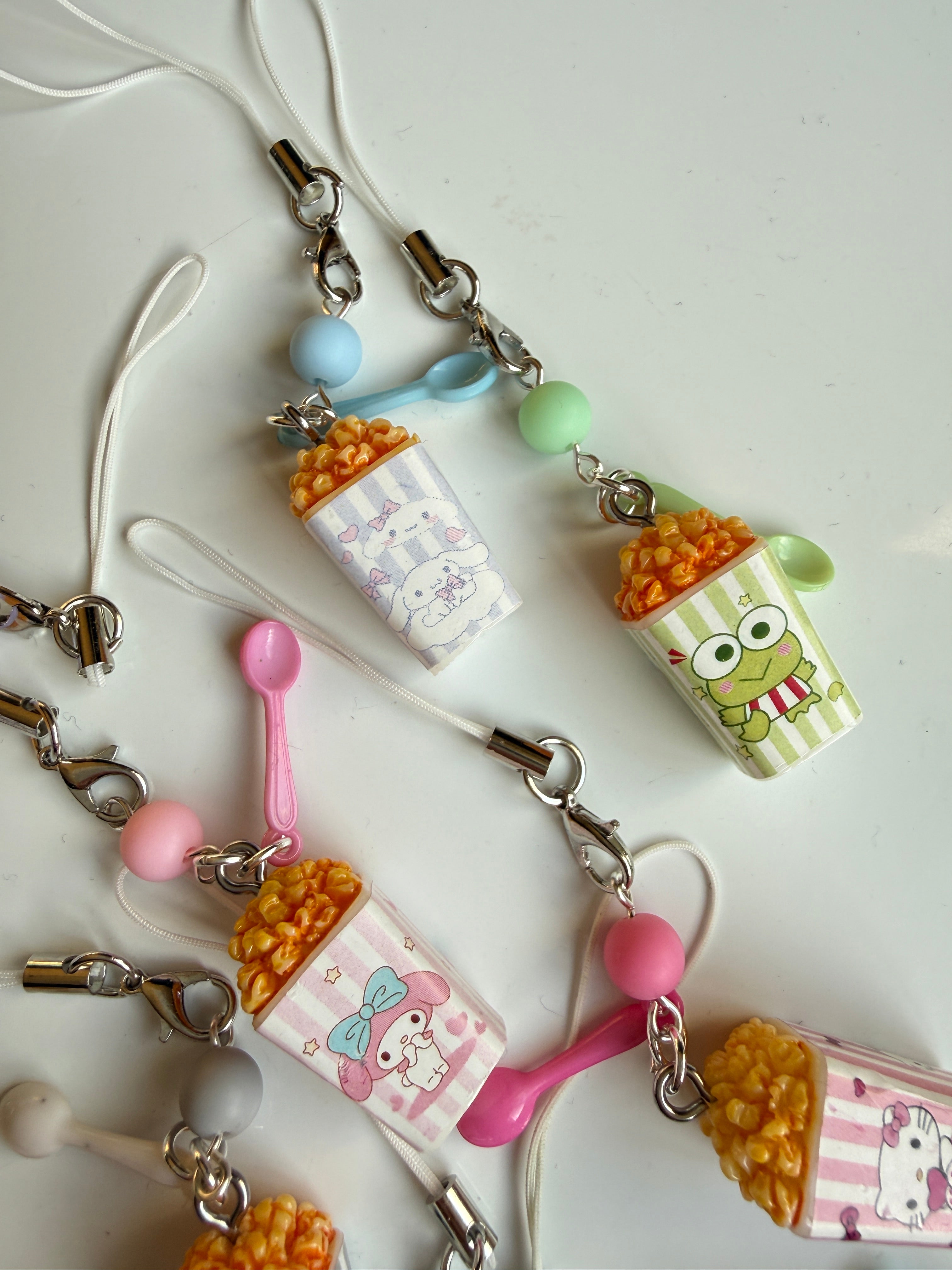 Sanrio Inspired Popcorn Phone Charms – Kuromi, Hello Kitty, Keroppi, Cinnamoroll Kawaii Popcorn Keychains, Cute Anime Bag Charm