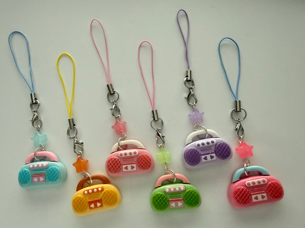 Handmade Kawaii Boombox Phone Charm, Y2K Retro Music charm, Pastel Tech Accessory