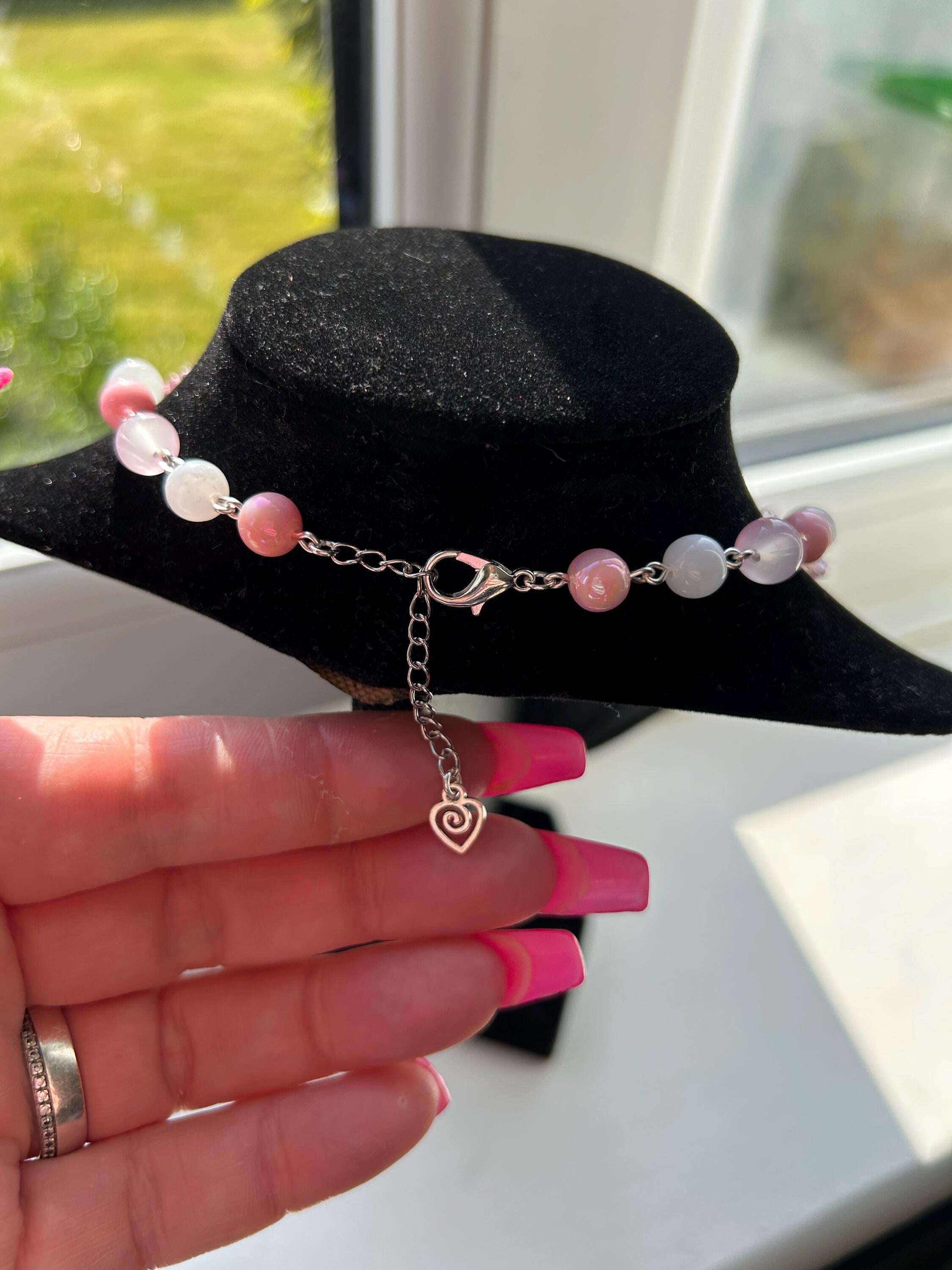 Handmade Pink Hearts and Bows Necklace 16”