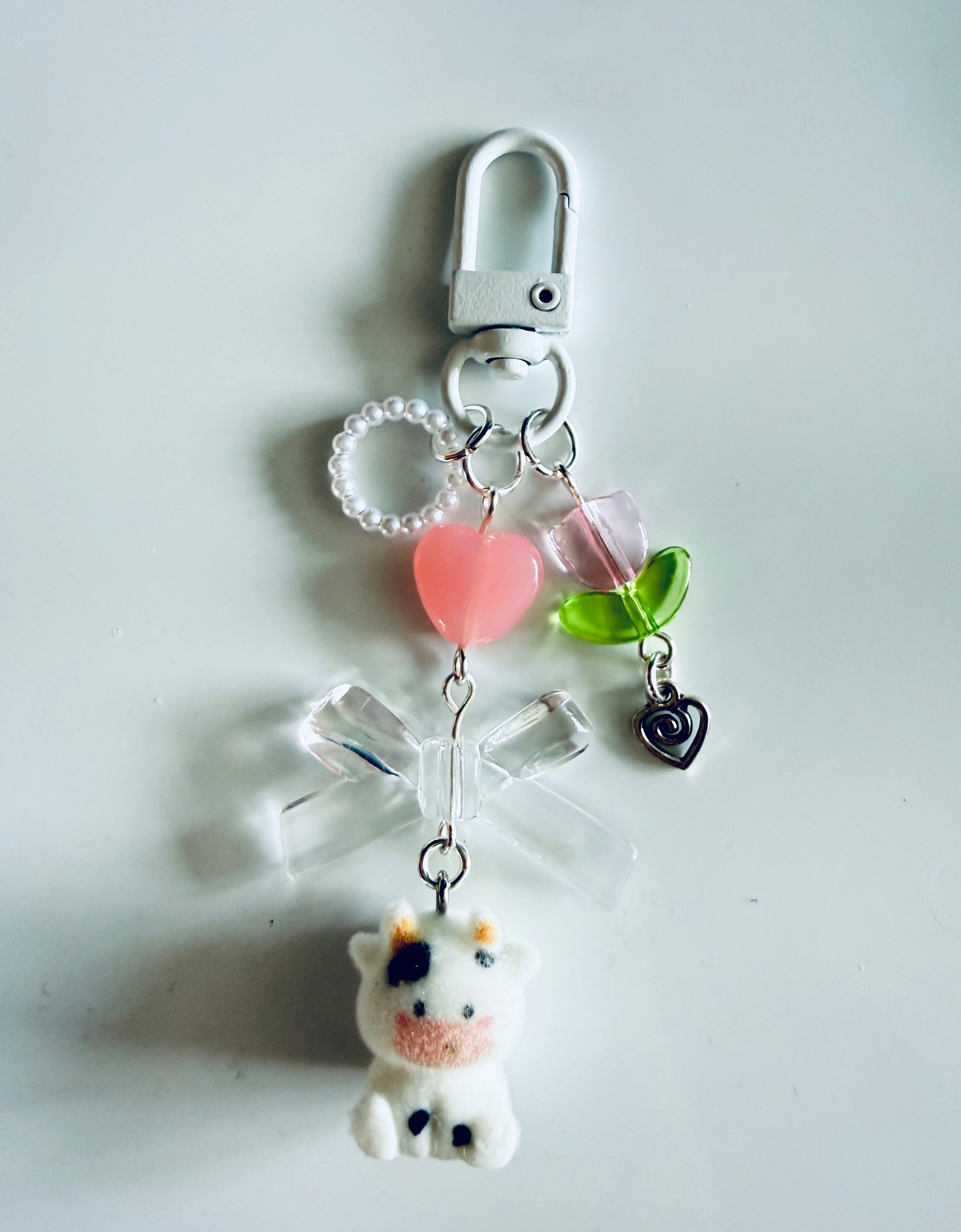 Handmade Fuzzy Cow Bag Charm | Kawaii Cow Keychain | Pastel Coquette Phone Charm | Cute Cottagecore Gift | Farmcore Accessory