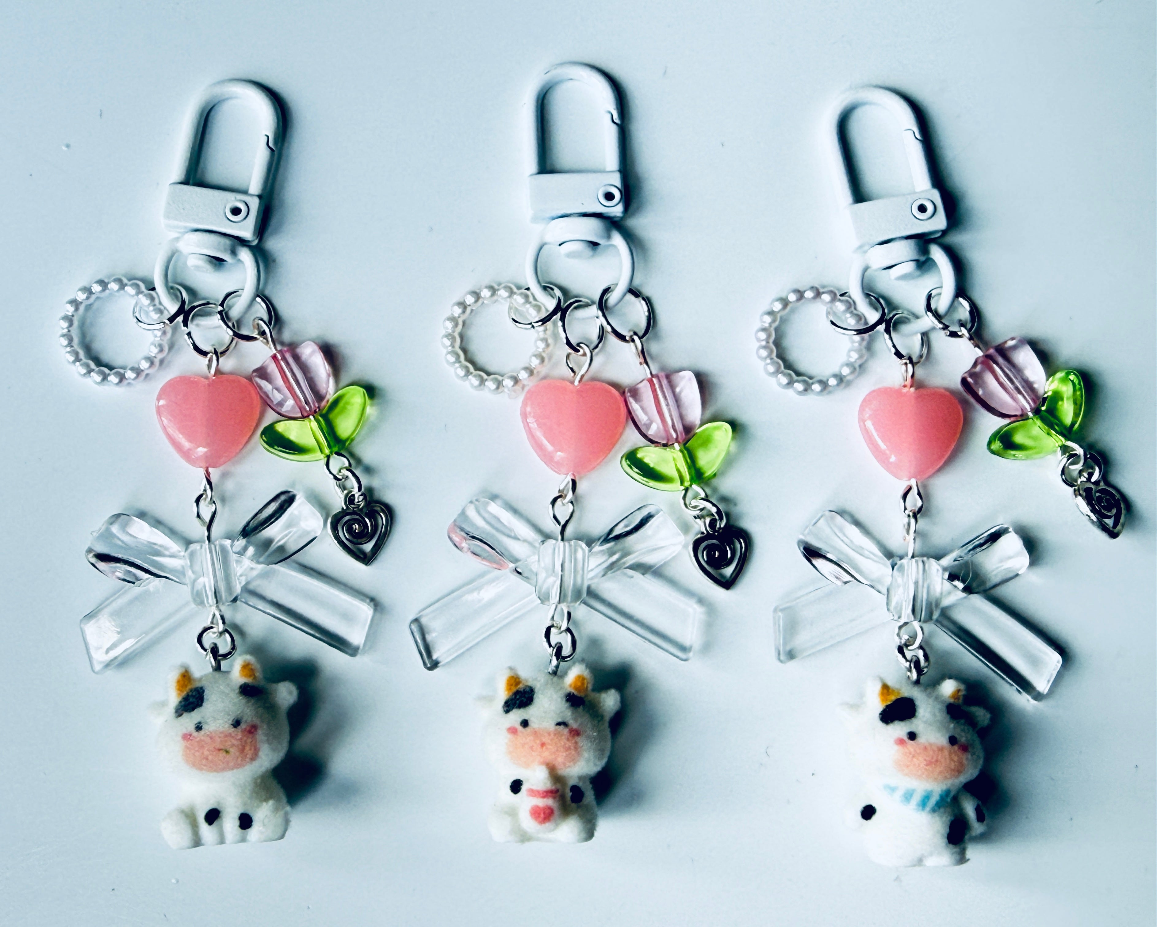 Handmade Fuzzy Cow Bag Charm | Kawaii Cow Keychain | Pastel Coquette Phone Charm | Cute Cottagecore Gift | Farmcore Accessory