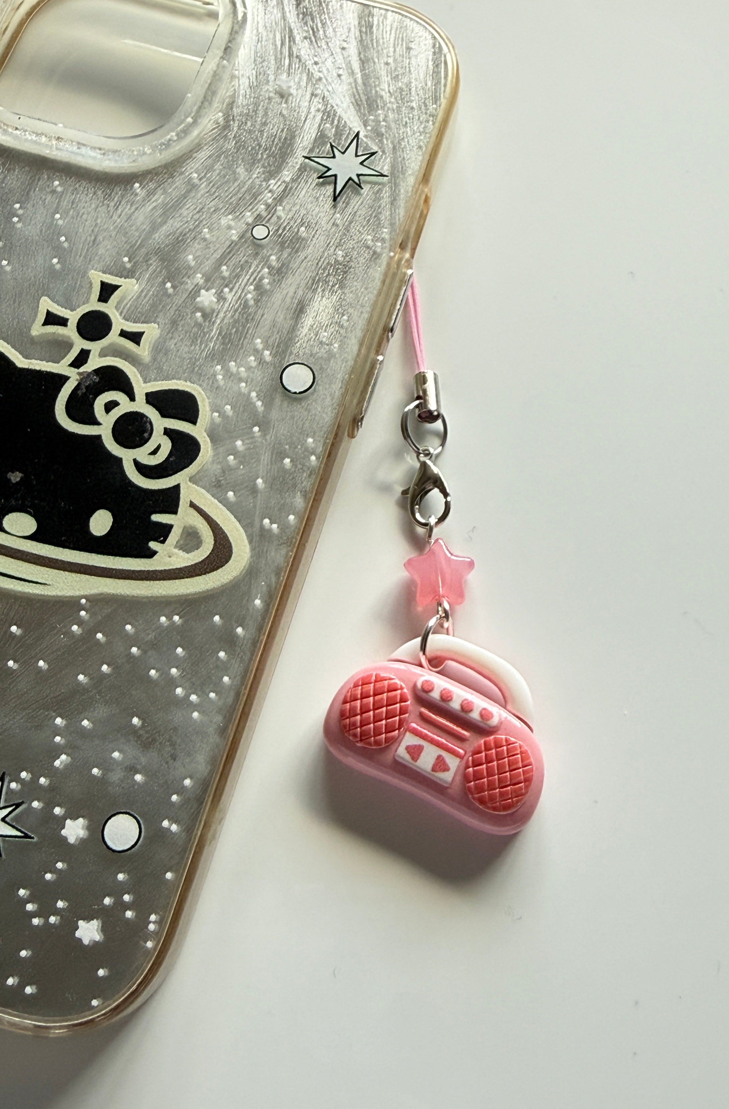 Handmade Kawaii Boombox Phone Charm, Y2K Retro Music charm, Pastel Tech Accessory