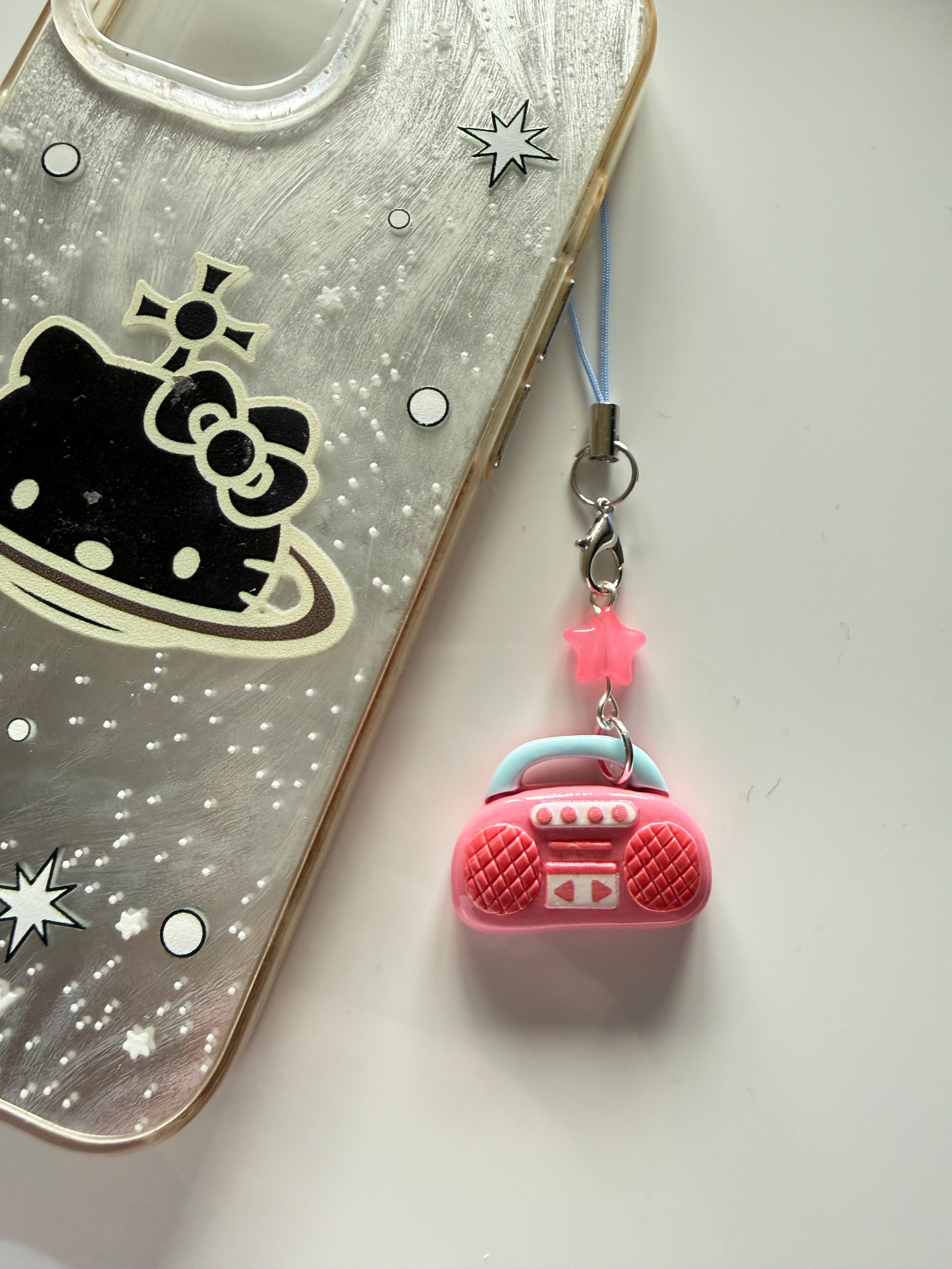 Handmade Kawaii Boombox Phone Charm, Y2K Retro Music charm, Pastel Tech Accessory