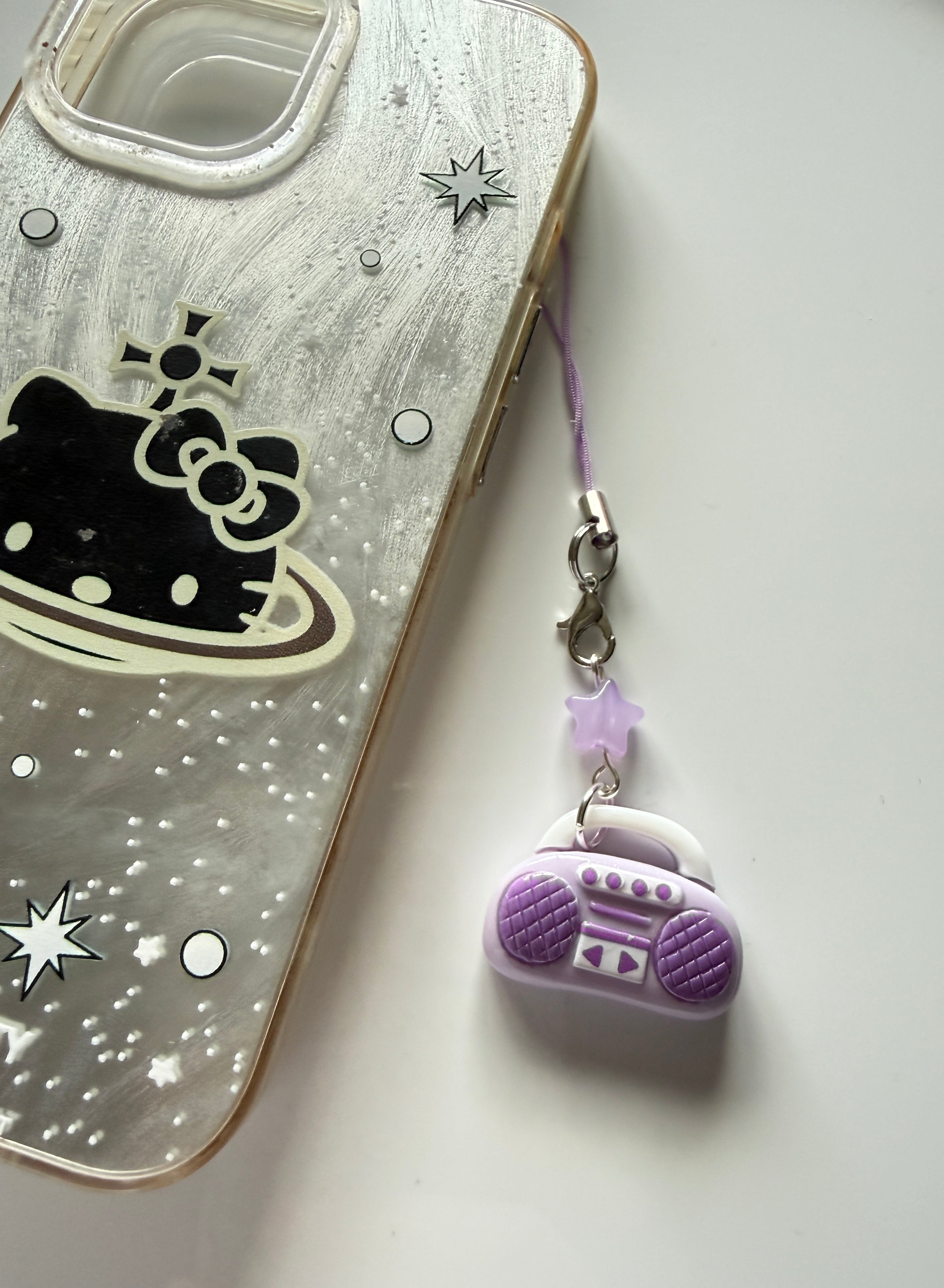 Handmade Kawaii Boombox Phone Charm, Y2K Retro Music charm, Pastel Tech Accessory