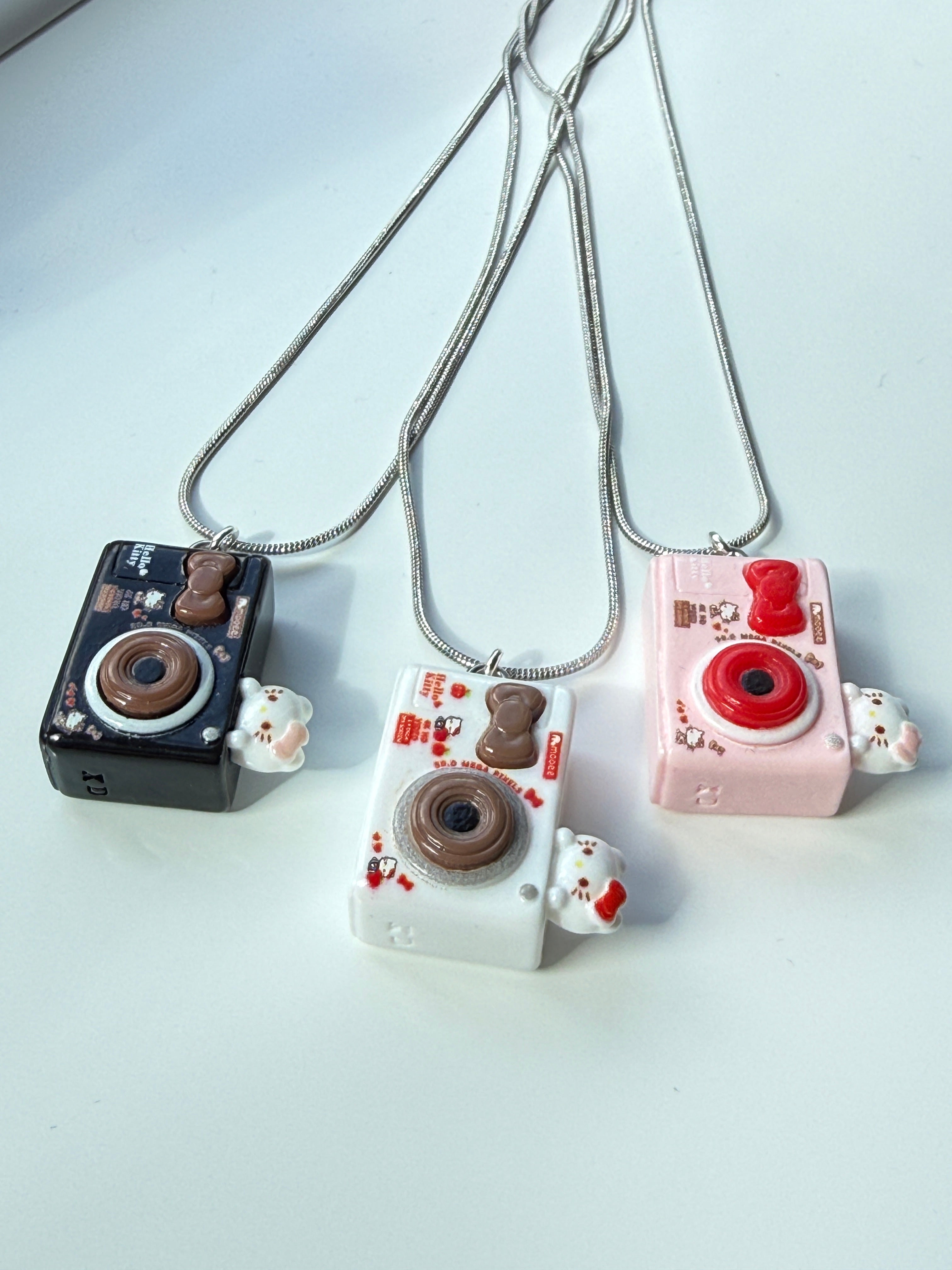 Hello Kitty Inspired Camera Necklace, Stainless Steel Snake Chain 18in | Kawaii Y2K Pendant Necklace